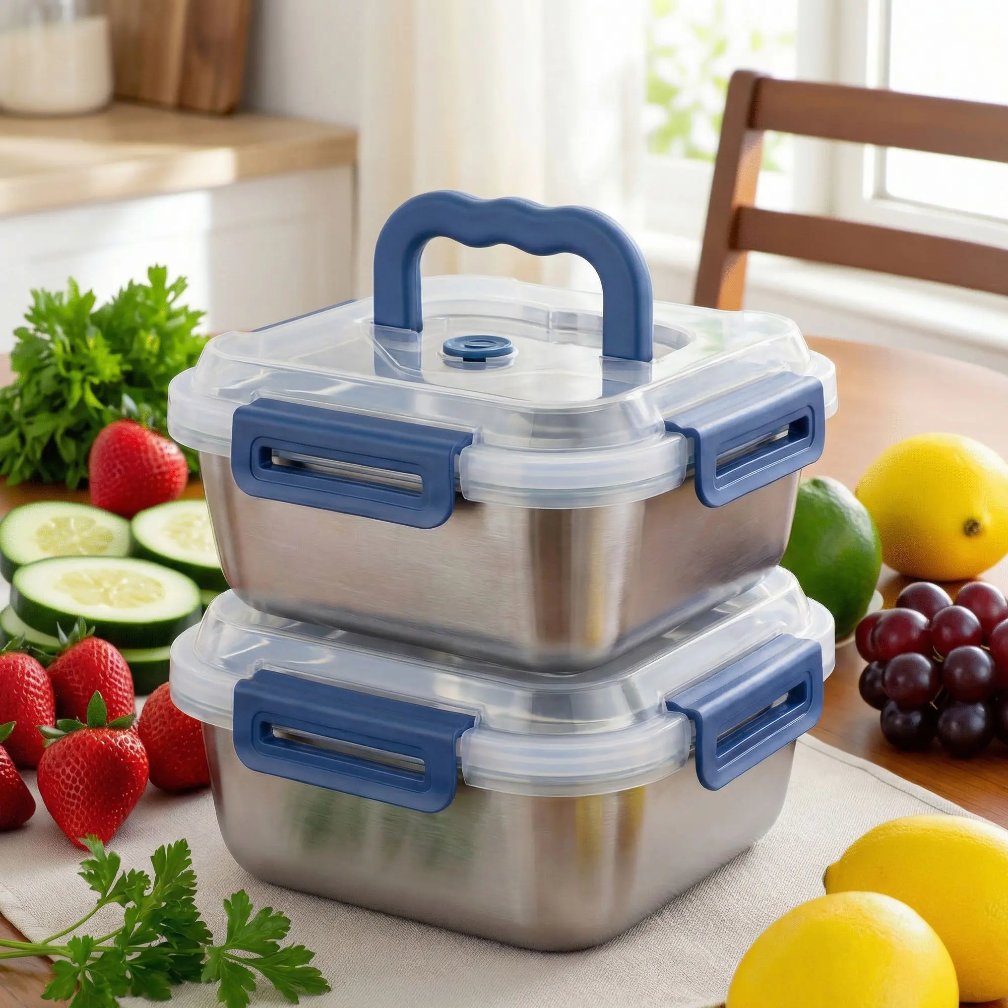 Extra-Large Deep Shape Stainless Steel Food Storage Containers Set with Transparent Blue Silicone Airtight Lids, Multi-Size 2/4/6/8/10 PCS Stackable Meal Prep Lunch Boxes for Fridge Pantry Organization