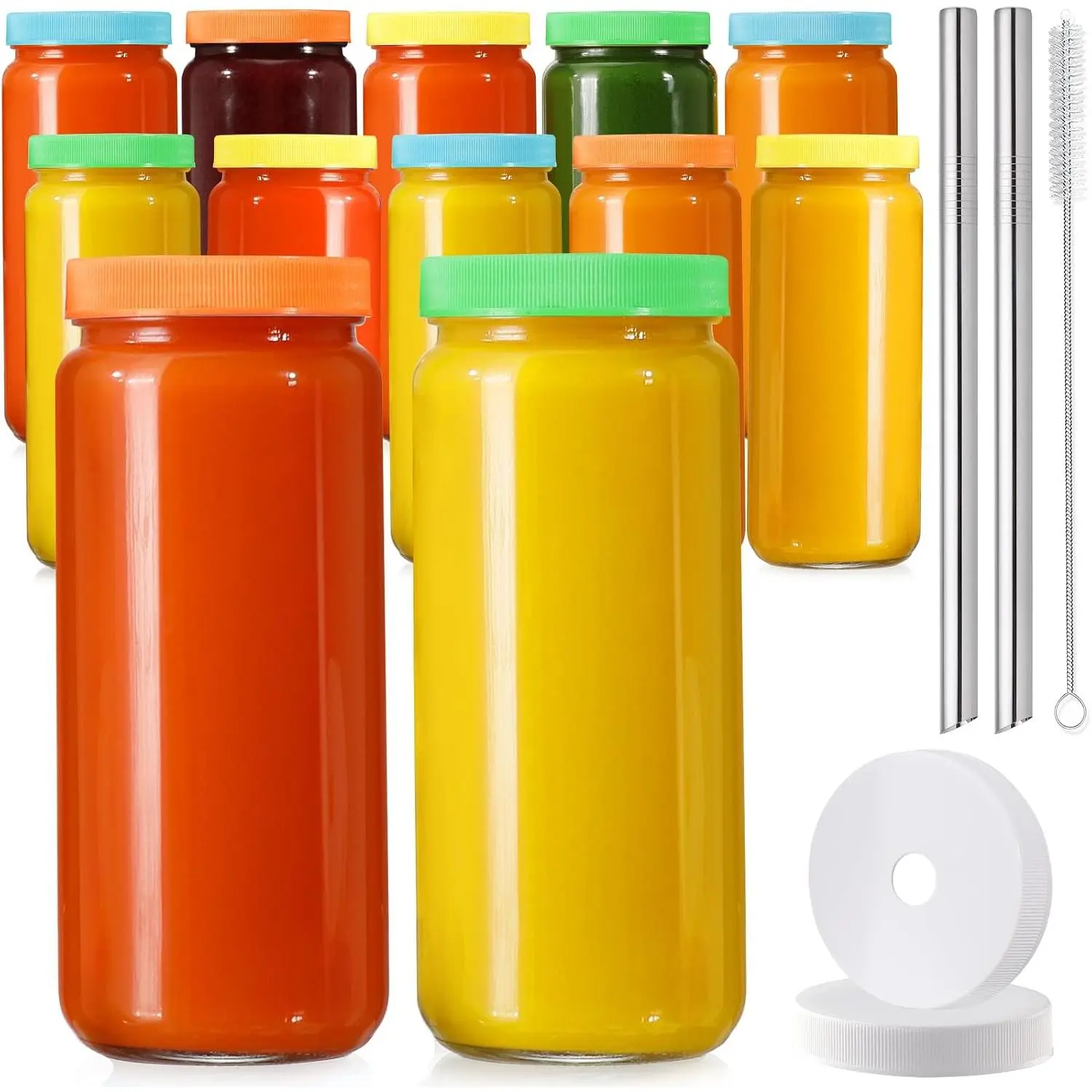 Glass Juice Bottles 16 oz with Airtight Lids, 12 Pack, Reusable Clear Drinking Jars with Straws and Perforated Lids for Water, Juice, Travel
