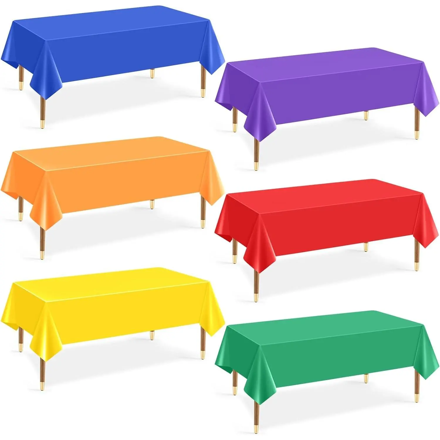 6-Pcs Disposable Plastic Tablecloth Set, Assorted Neon Rainbow Solid Colors, 54x72 Inch Rectangle Bulk Table Covers for Birthday, Wedding Party Decorations