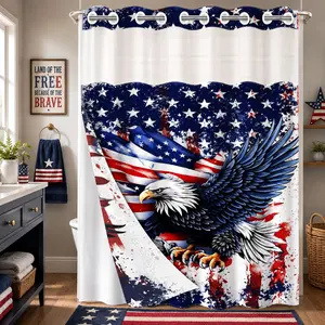 1 Pc Hookless Double Layer Shower Curtain, American Flag Bald Eagle Print, Machine Washable Waterproof Mildew Resistant Fabric, Independence Day Home Bathroom Decor, Removable Snap-in Liner, Top See-Through Curtain, Bathroom Divider - 71"×74"