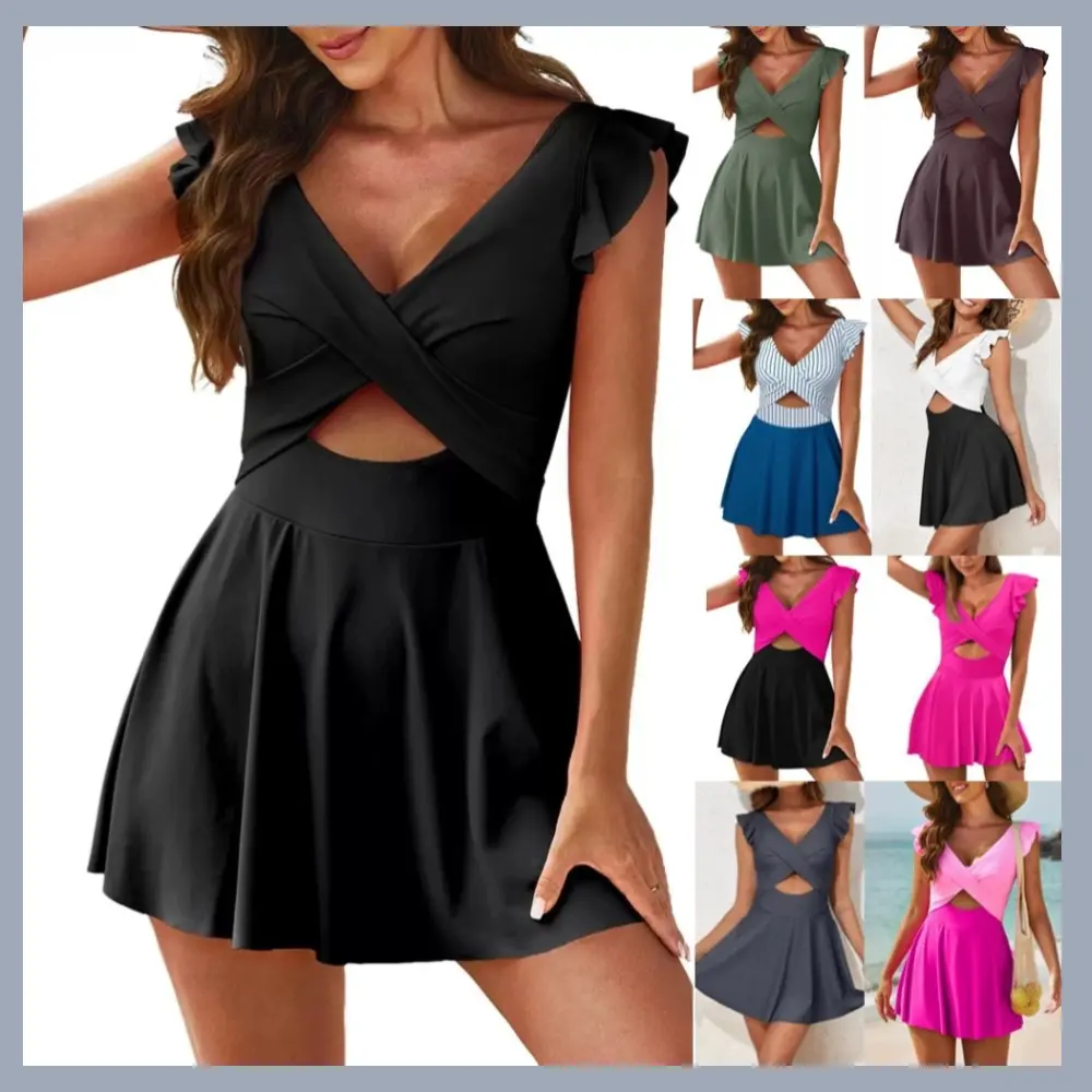 One-piece Swimsuit Women's Lotus Leaf Cross Skirt Tankini Swimsuit Swimsuit Control Tummy with Flowy