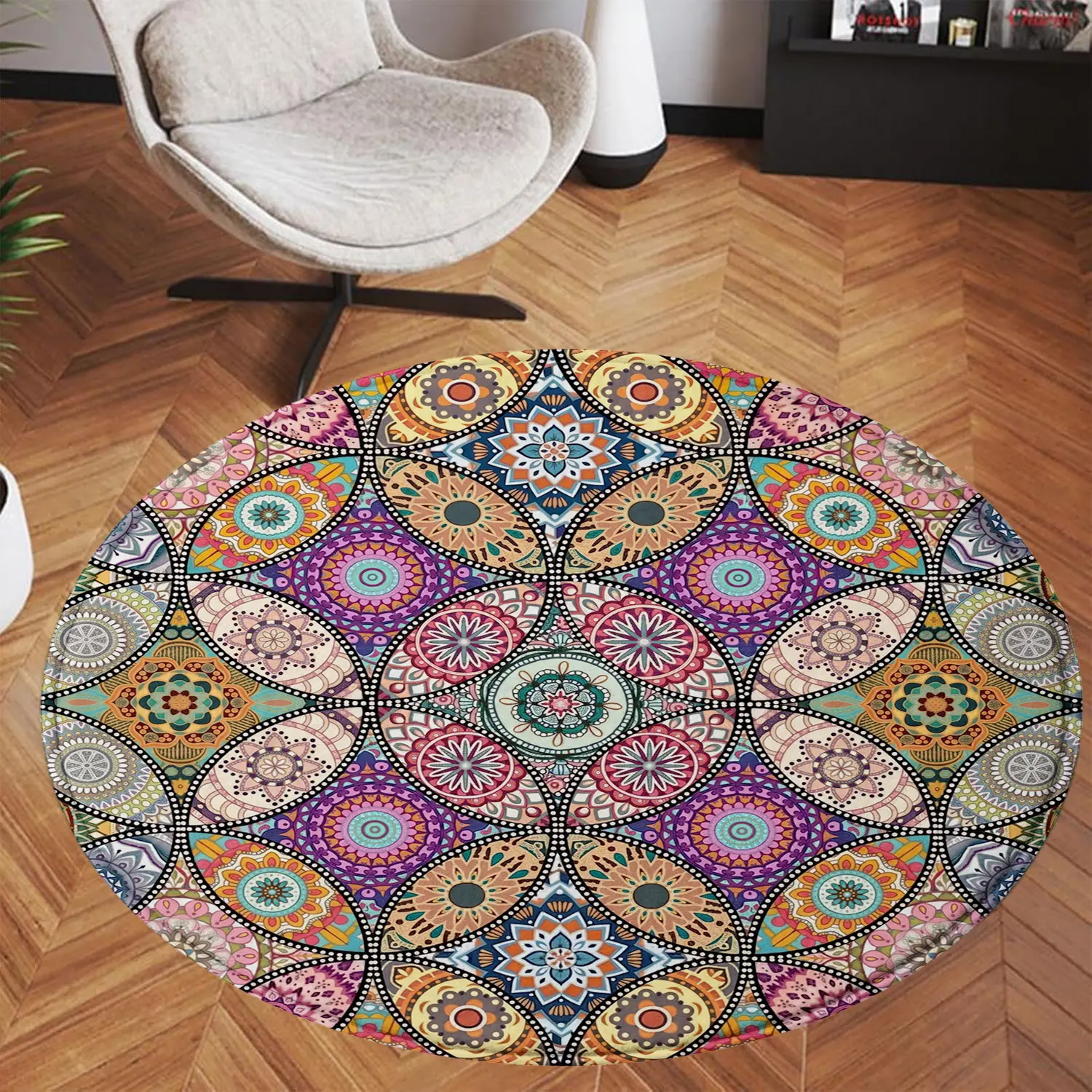 Bohemian Circle Round Area Rug Colorful Mandala Pattern Floor Mat Vintage Geometric Floral Decorative Carpet Non-Slip Machine Washable Indoor Rug for Living Room Bedroom Bedside Study Accent Home Decor Retro Ethnic Style Multi-Color Soft Low Pile Printed