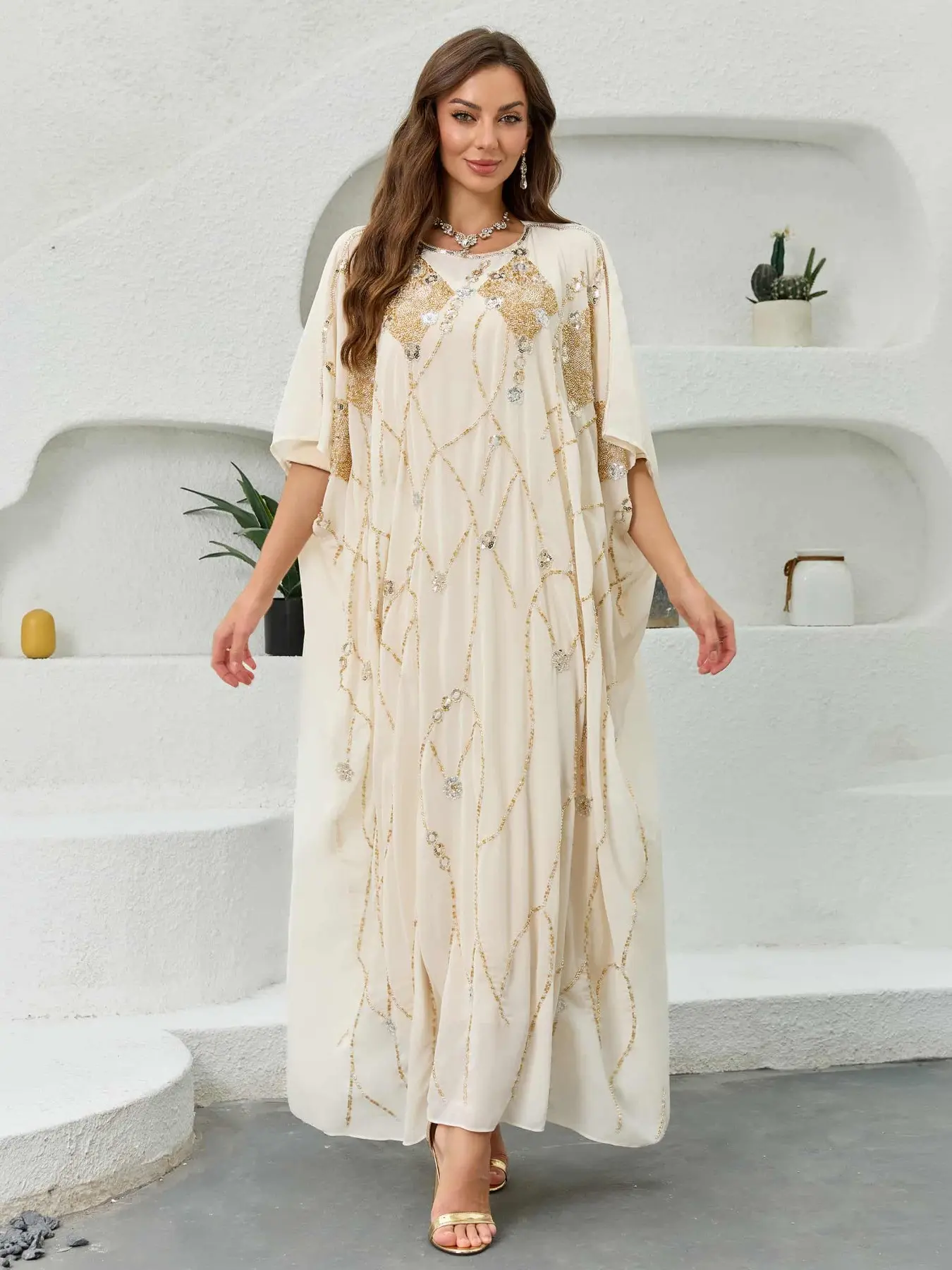 JINLICX Luxury Rhinestone Sequin Batwing Sleeve Abaya, Modest Chiffon Muslim Long Kaftan Style Dress Dubai Formal Party Gown CX37