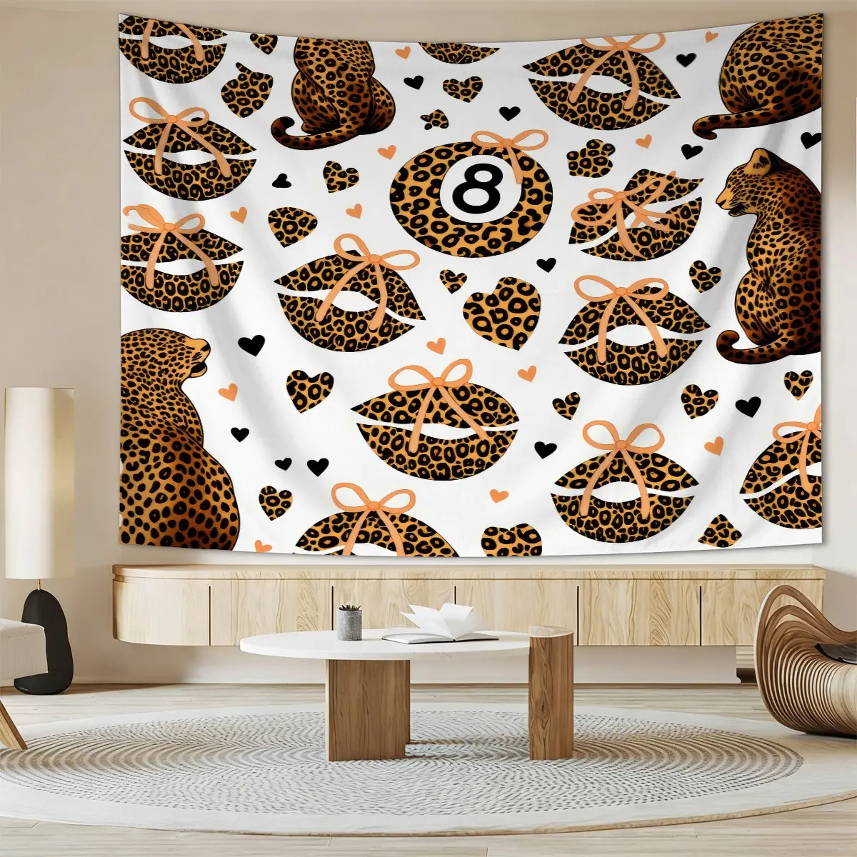Y2k Leopard Print, Lips, Bow, Heart, And Number 8 Print Tapestry, Soft Polyester Wall Covering,a Sweet And Cool, Light Luxury Background Decoration, Suitable for Girls' Bedrooms, Dormitories, And Studio Apartments.