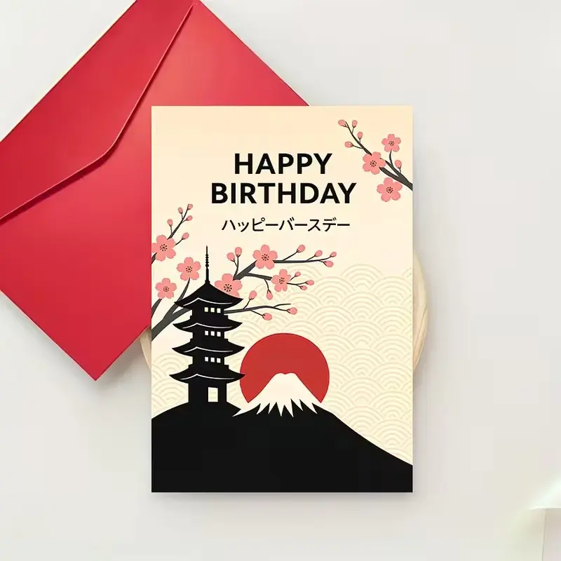 1SET of elegant Japanese-style birthday cards featuring cherry blossoms, Mount Fuji, and a pagoda—perfect for friends, family, and colleagues to celebrate special birthdays or give as Christmas gifts with these culturally charming envelopes and cards.