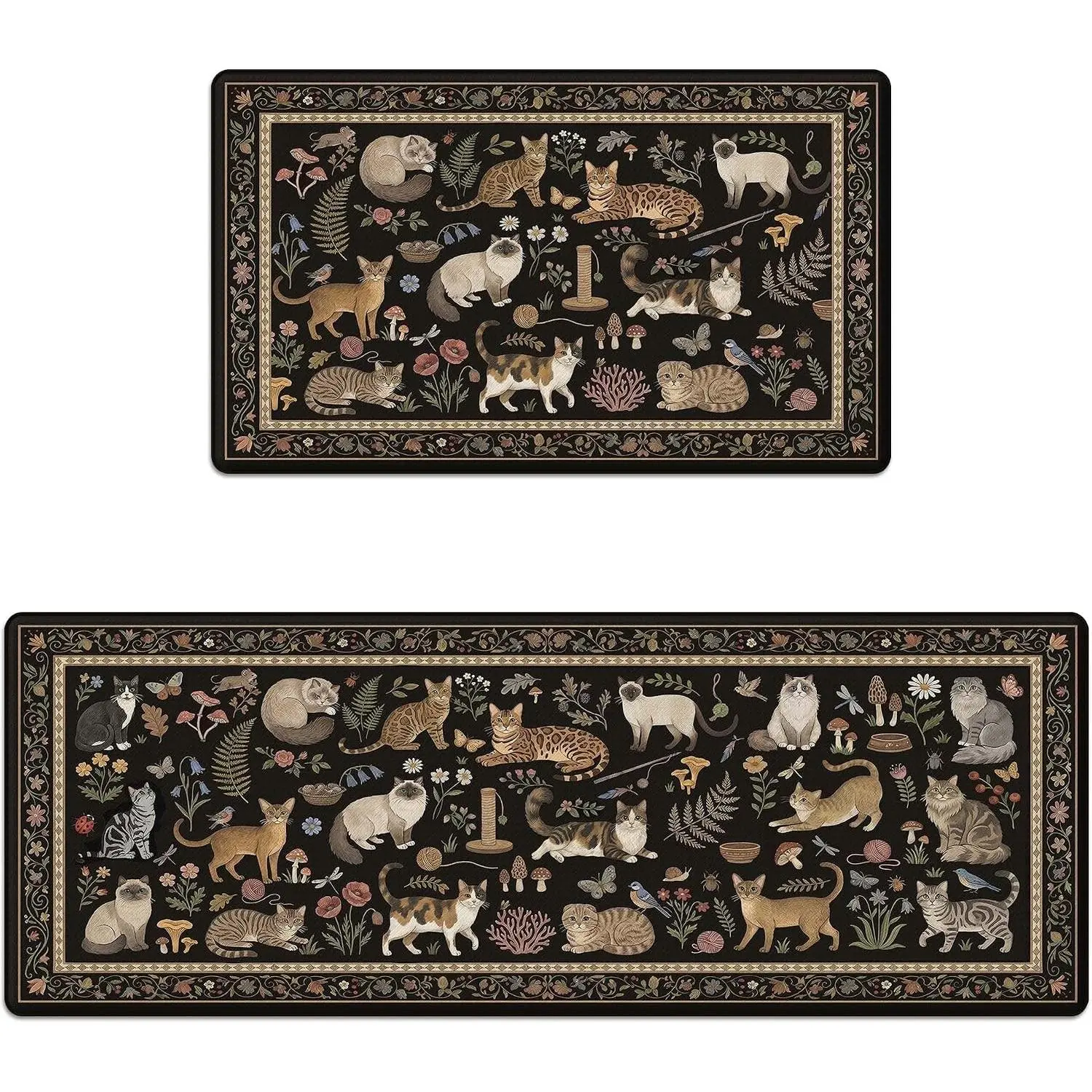 Cat Kitchen Rug Mats for Floor Cushioned Anti Fatigue Vintage Black Kitchen Rugs Sets of 2 Cute Mushroom Floral Botanical Non Slip Waterproof Memory Foam Standing Floor Mat for Laundry Sink