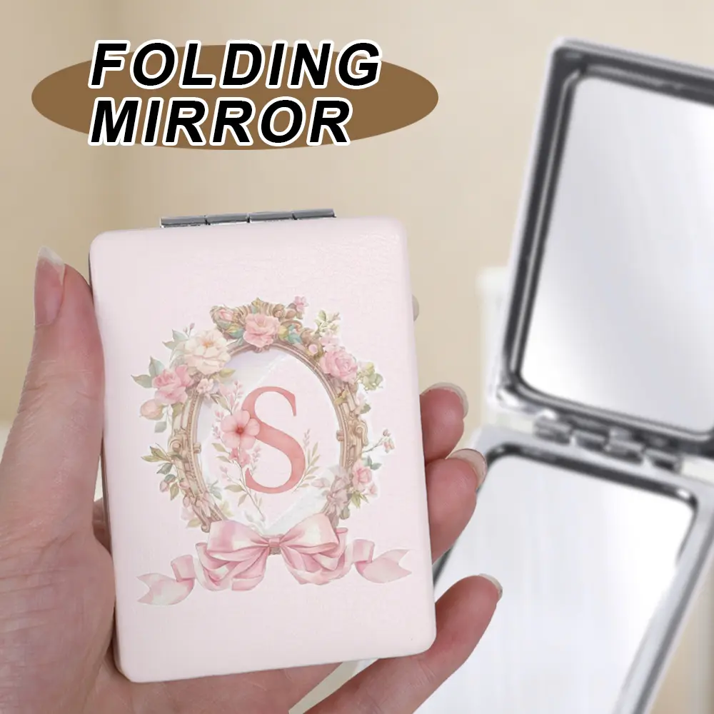 1pc Floral Initial Compact Mirror for Purse, Pink PU Leather Folding Pocket Vanity Mirror with 1X/2X Magnification, Portable A-Z Monogram Travel Makeup Mirror, Personalize Gifts for Women Girls Friends