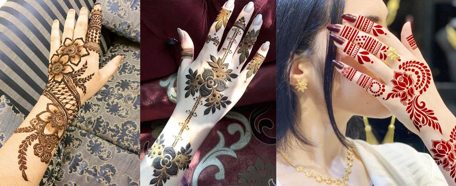 10 Sheets Henna Tattoo Stencils 10 Pair Arm Hand Tattoo Template Temporary Indian Arabian Glitter Airbrush Tattoo Stickers for Face Body Paint DIY (Black)