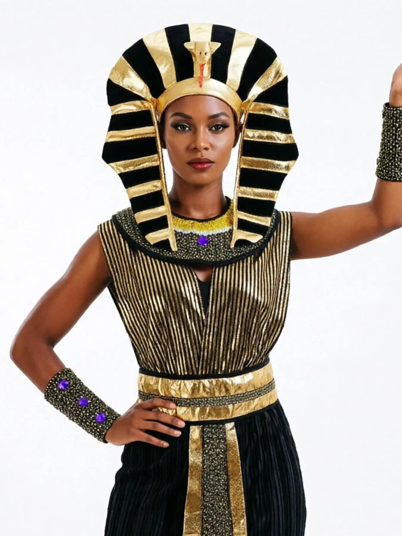 Ladies Egyptian Pharaoh Dress Up Costume Women's, Black Gold Striped Dress Headgear Bracer Halloween Exotic Cos Play Costume Festival Costumes