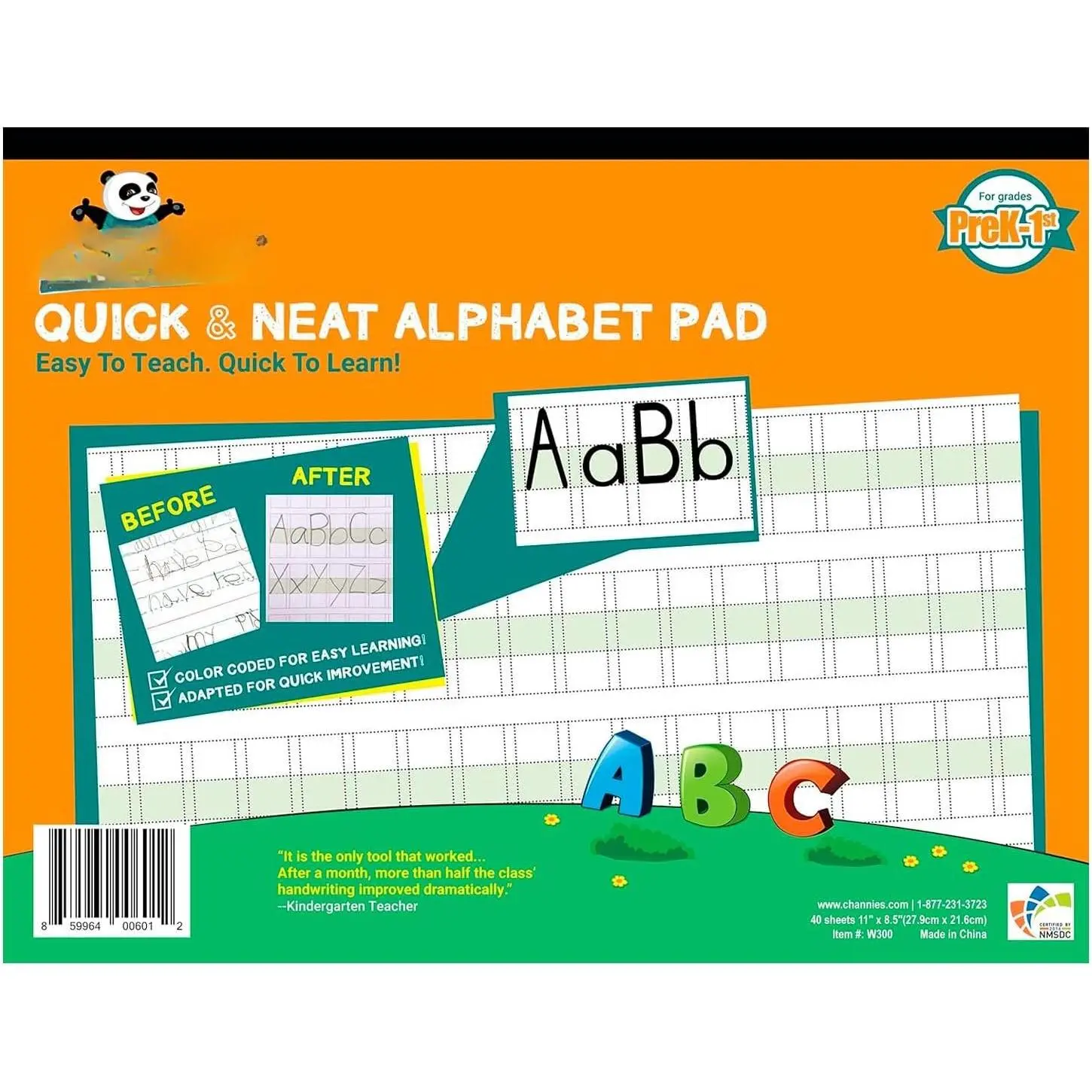 Channie’s Quick & Neat Alphabet Writing Pad, Practice Handwriting, 80 Pages Front & , 40 Sheets, Pre  Books & First Grade Workbook, Homeschool Learning Supplies, Size 8.5” x 11”