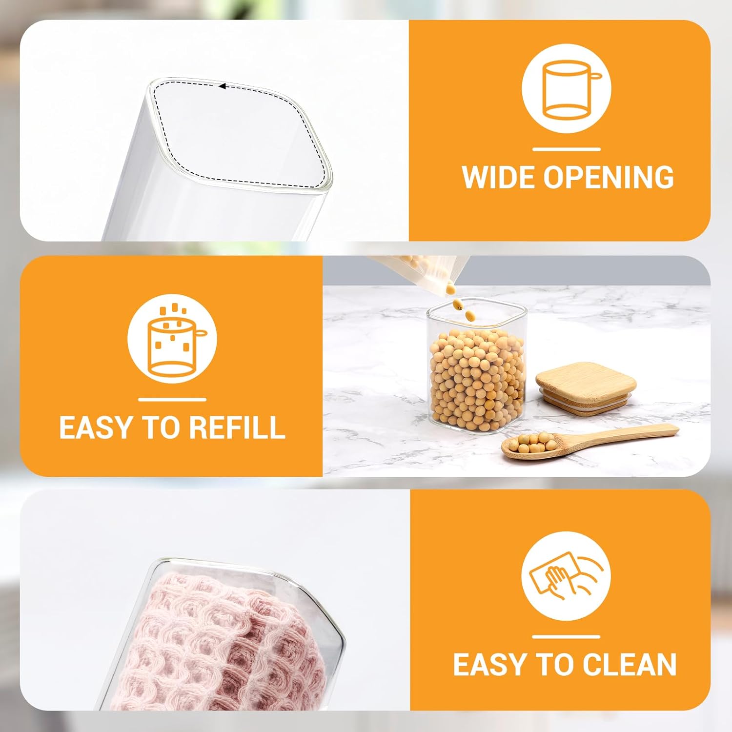 Square Glass Storage Jars, 2 Pack 6 Fl.oz Glass Jars with  , Clear  Canister Stackable Sugar Coffee Containers for Candy Loose  Oats - Set Included Labels, Spoon and Marker