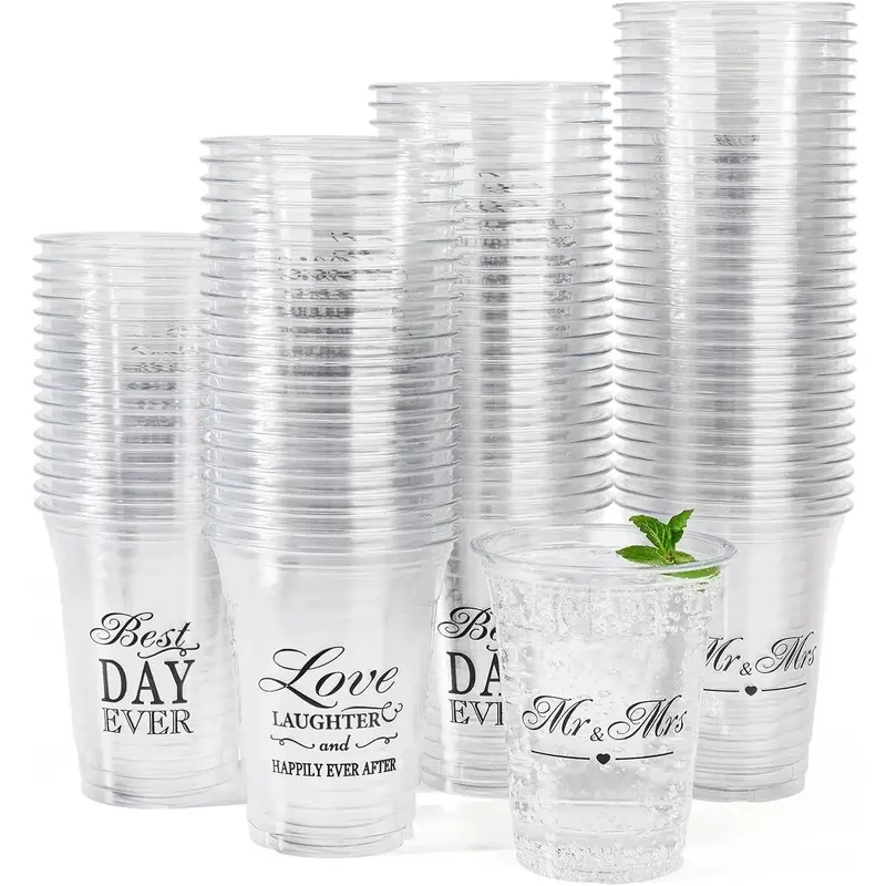 150-Pack Durable Synthetic Plastic Cups, 12 oz Mr and Mrs Disposable Cups for Wedding Reception Decor, Bridal Shower Supplies