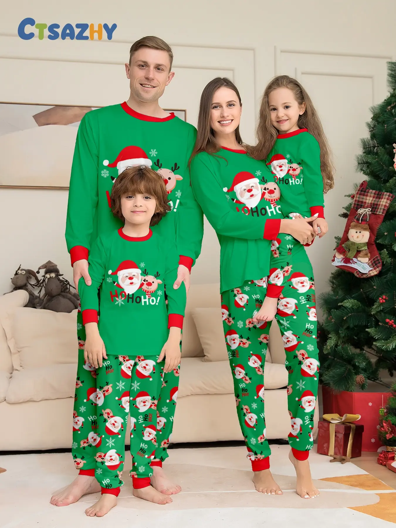 Christmas Hat Letter Print Family of Four Matching Pajamas Set, Long Sleeve Top & Long Pants Loungewear Two-Piece Outfit with Red Contrast Trim, Soft Skin-Friendly Breathable Knit Fabric. Ideal for Christmas Family Photoshoots, Holiday Party Outfits, Dail