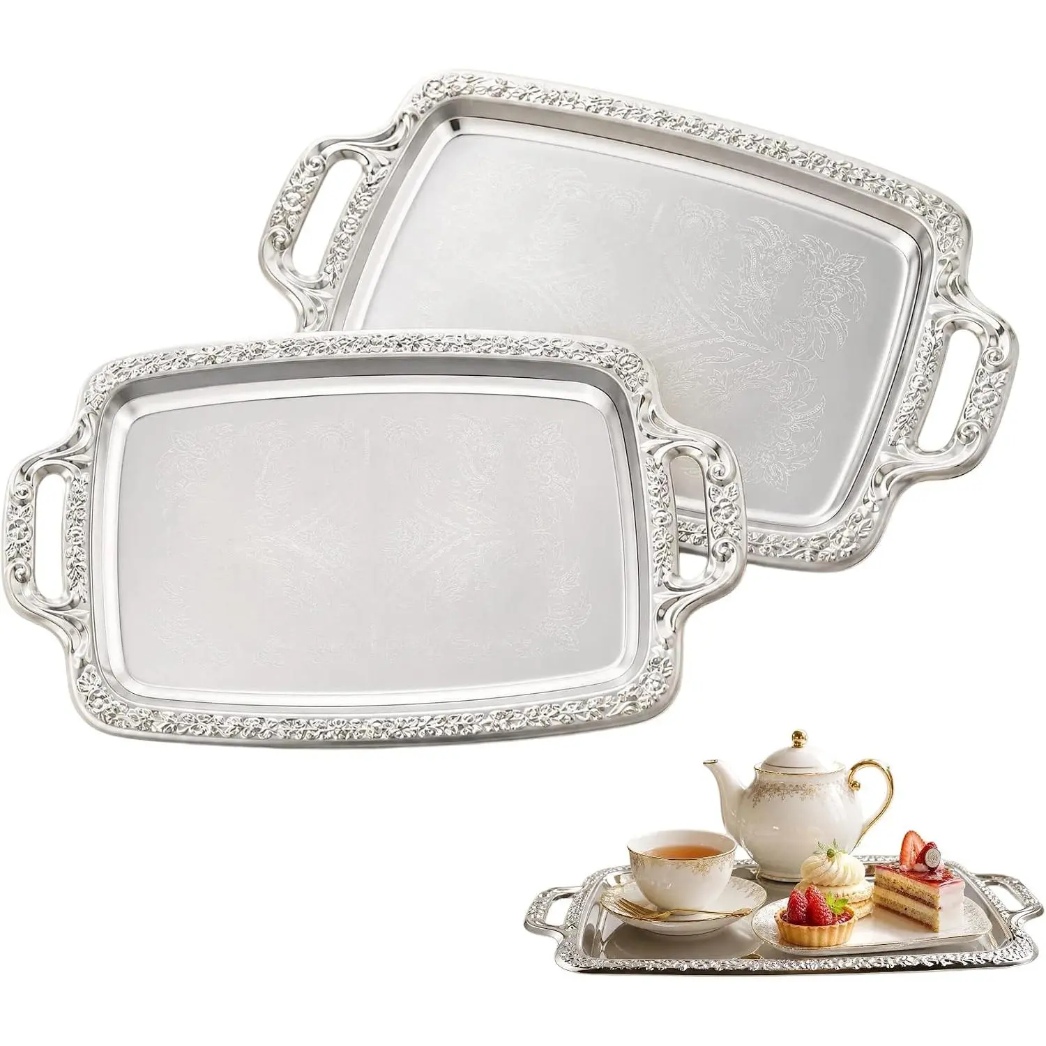 2-Pack Retro Stylish Rectangular Silver Serving Trays with Handles, Floral Engraving Polished Metal Platters, Multipurpose Decorative Set for Food Serving Home Party Decor
