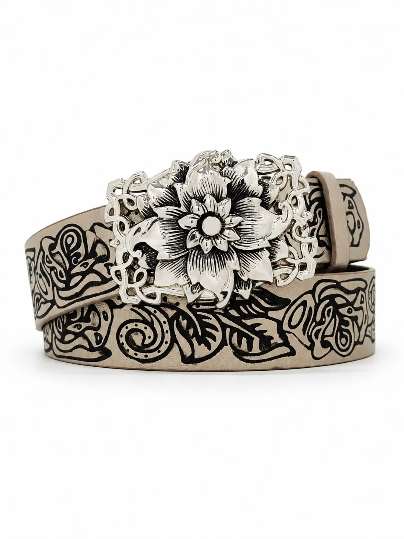 Vintage Floral Embossed Belt with Metal Buckle, Western Style High-End Streetwear, Cowboy Waist Belt, Unique PU Leather Belt for All Seasons