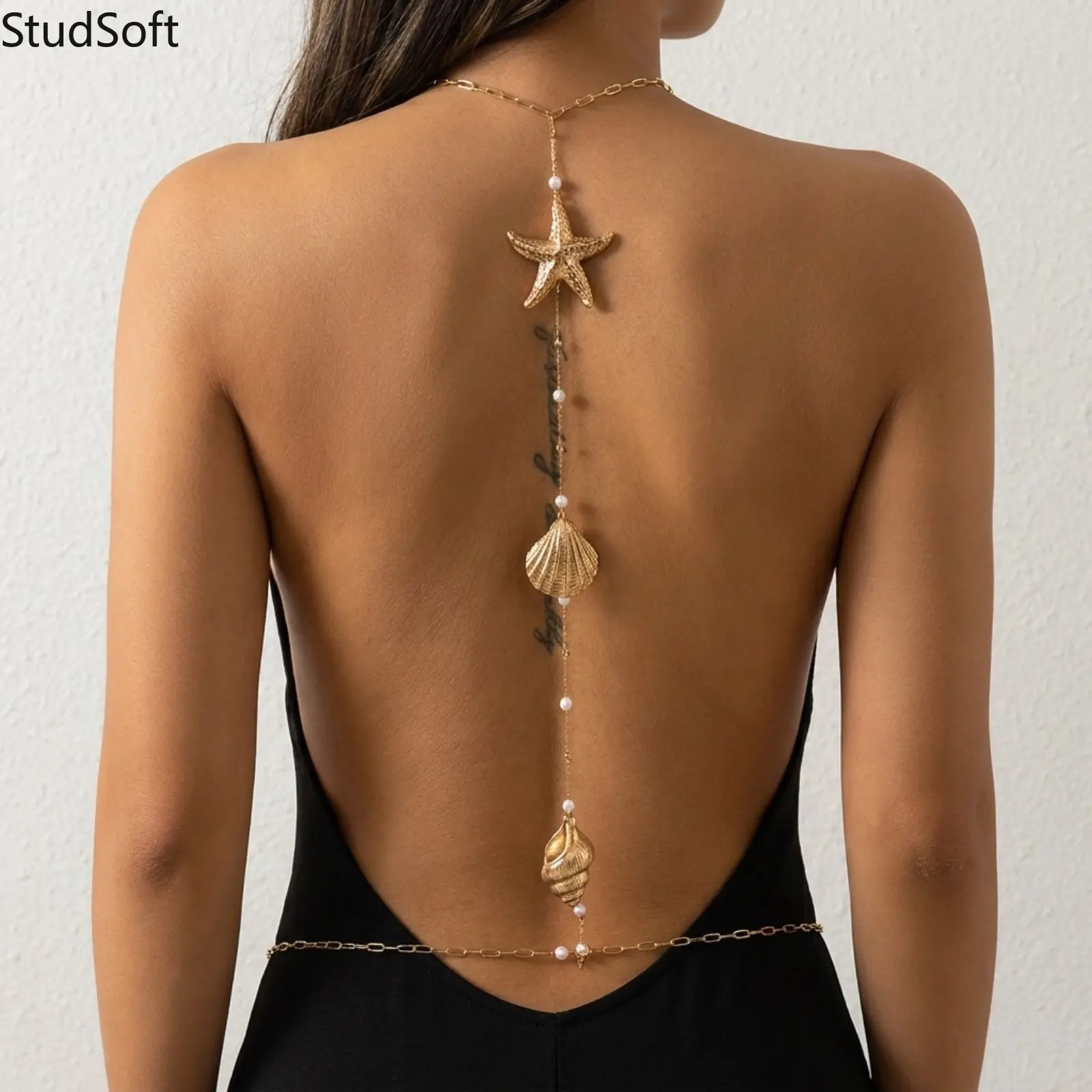 Women's Nautical Simple Body Jewelry Set, Gold Adjustable Ocean Starfish Back Body Chain, Shell Pearl Choker, High-Quality Beach Bikini Accessory Gift, Female,back to school,back to school haul