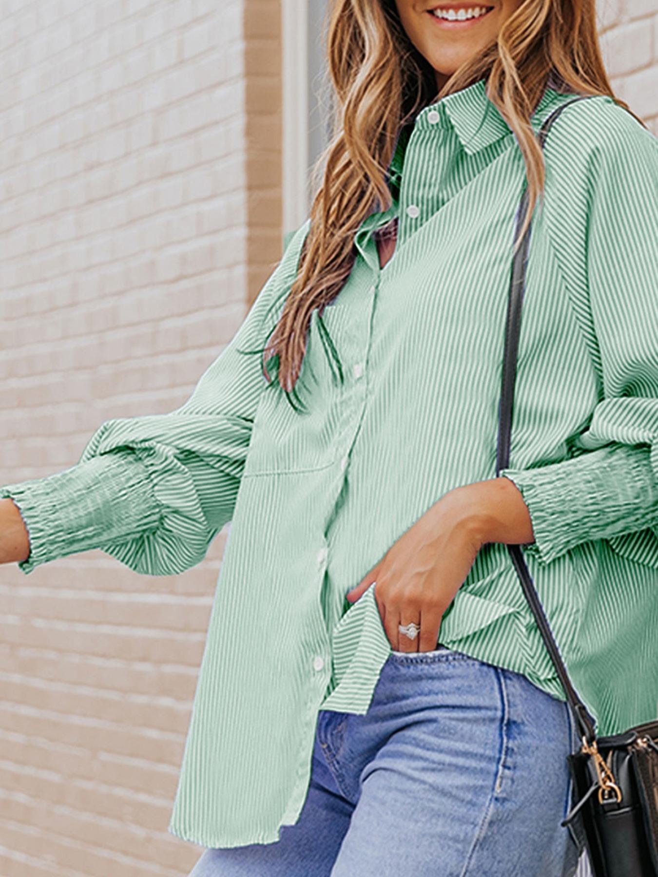 Women's Striped Print Shirred Bishop Sleeve High Low Curved Hem Blouse, Casual Long Sleeve Button Front Pocket Collared Top for Spring & Fall, Women's Clothing for Daily Wear, Summer Tops, Womenswear