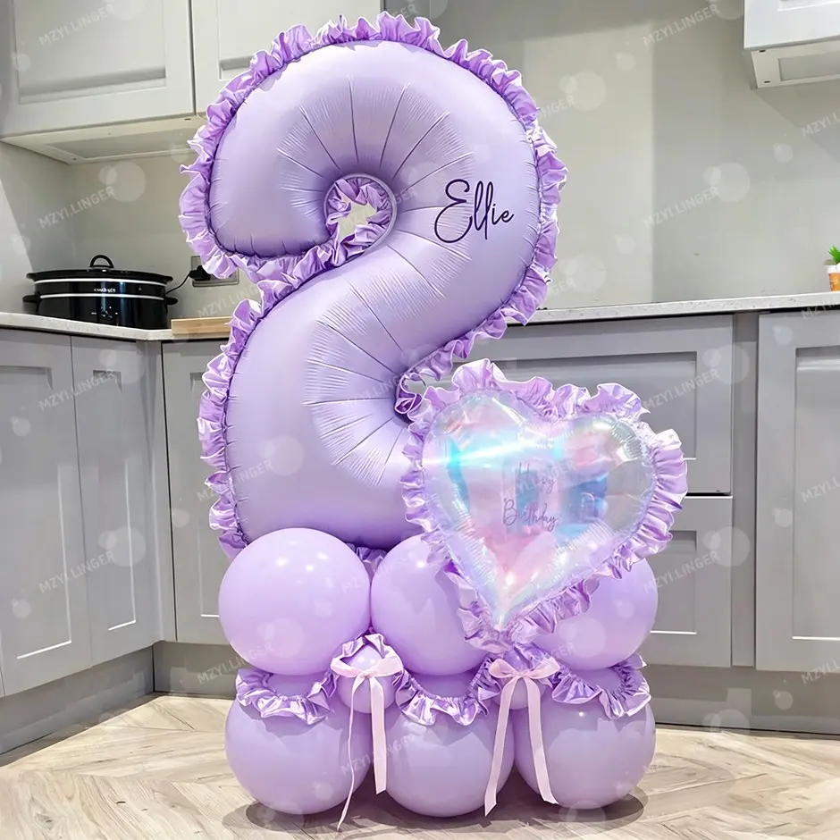 Number Column Balloon Set with Ruffled Ribbon and Sparkling Heart, Perfect for Birthday Party, Wedding, Anniversary Decorations