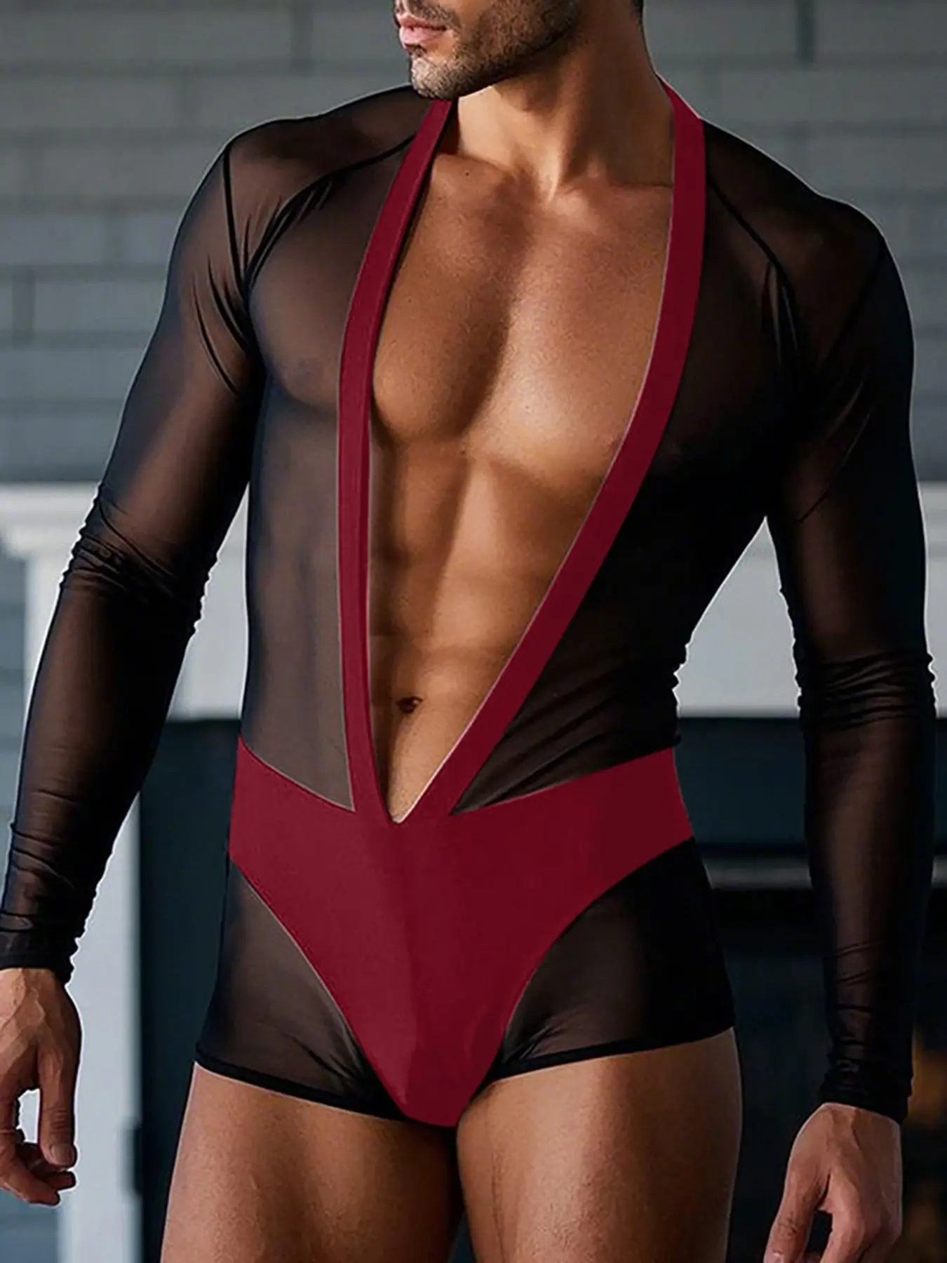 INCERUN Men's Fashion Casual Romper, Deep V Neck Patchwork Mesh Long Sleeve, Ideal for Daily Wear, Stylish and Comfortable