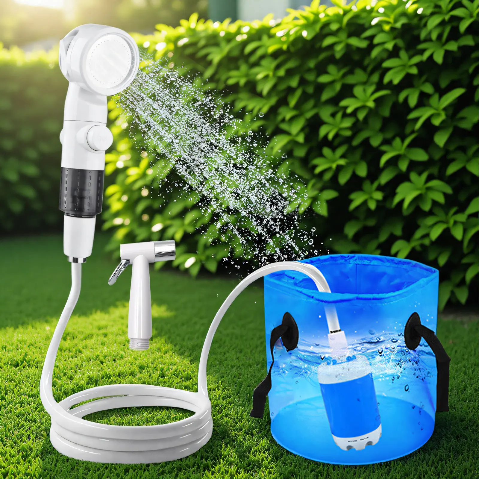 Portable, rechargeable camping shower set with long battery life—includes hose and showerhead; suitable for hiking, travel, car use, and pet washing, as well as a handy tool for watering the garden. Camping Shower Pump