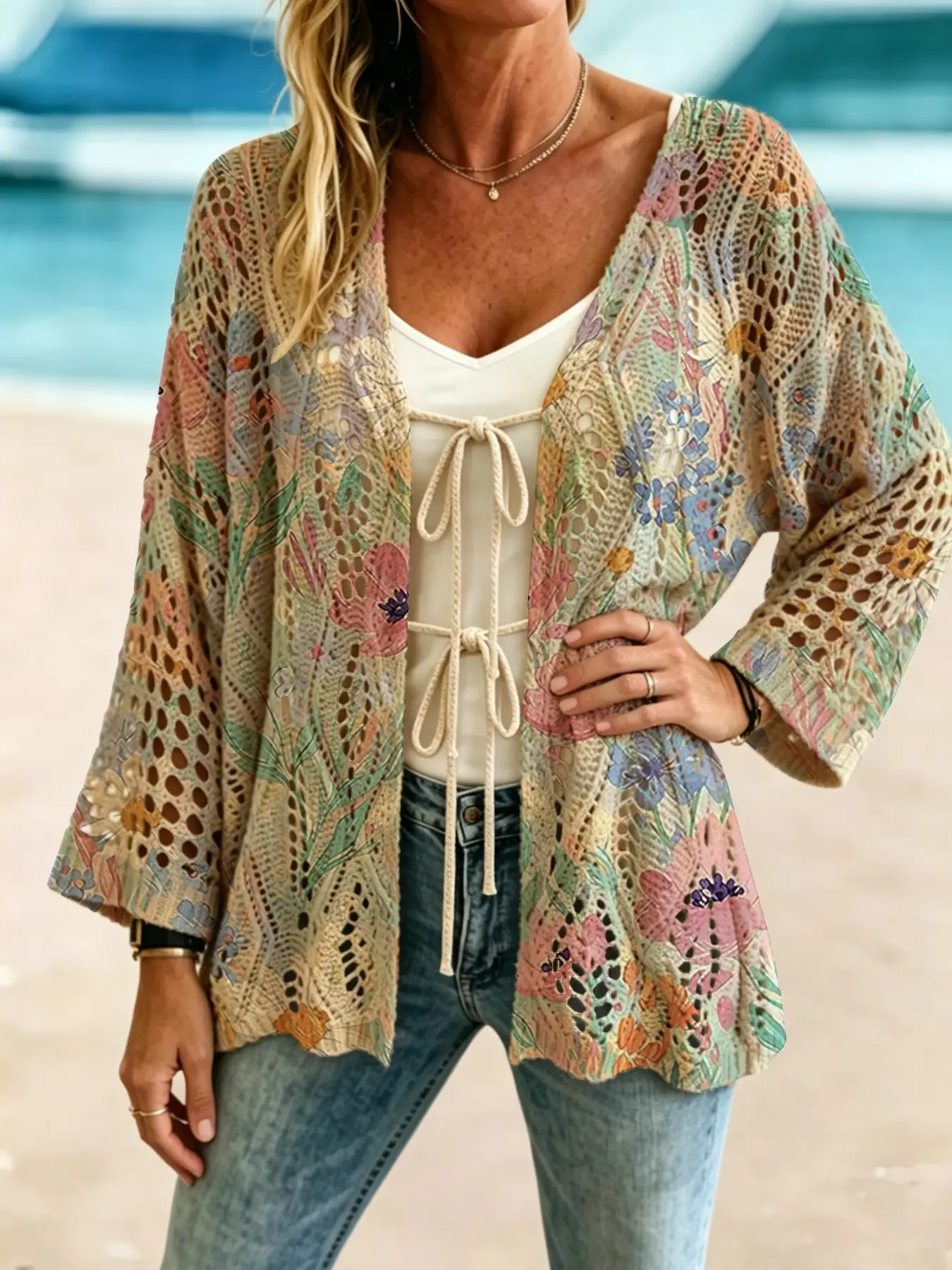 Women's Spring Summer Elegant Chic Colorblock Floral Print Long Sleeve Knit Cardigan, Casual Everyday Breathable Knitted Sweater, Open Front Tie Closure