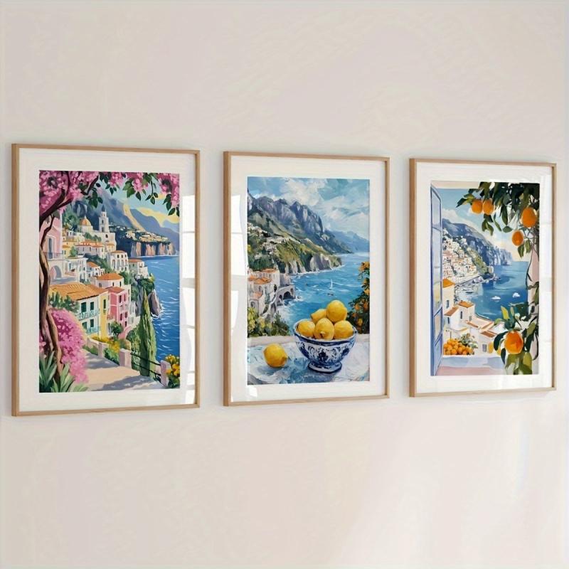 2D Flat, Set of 3 Amalfi Coast Art Prints, Vibrant Summer Mediterranean Artwork, Italian Coastal Scenery Posters, Travel Season Holiday Coastal Decor Oil Paintings, Not Framed
