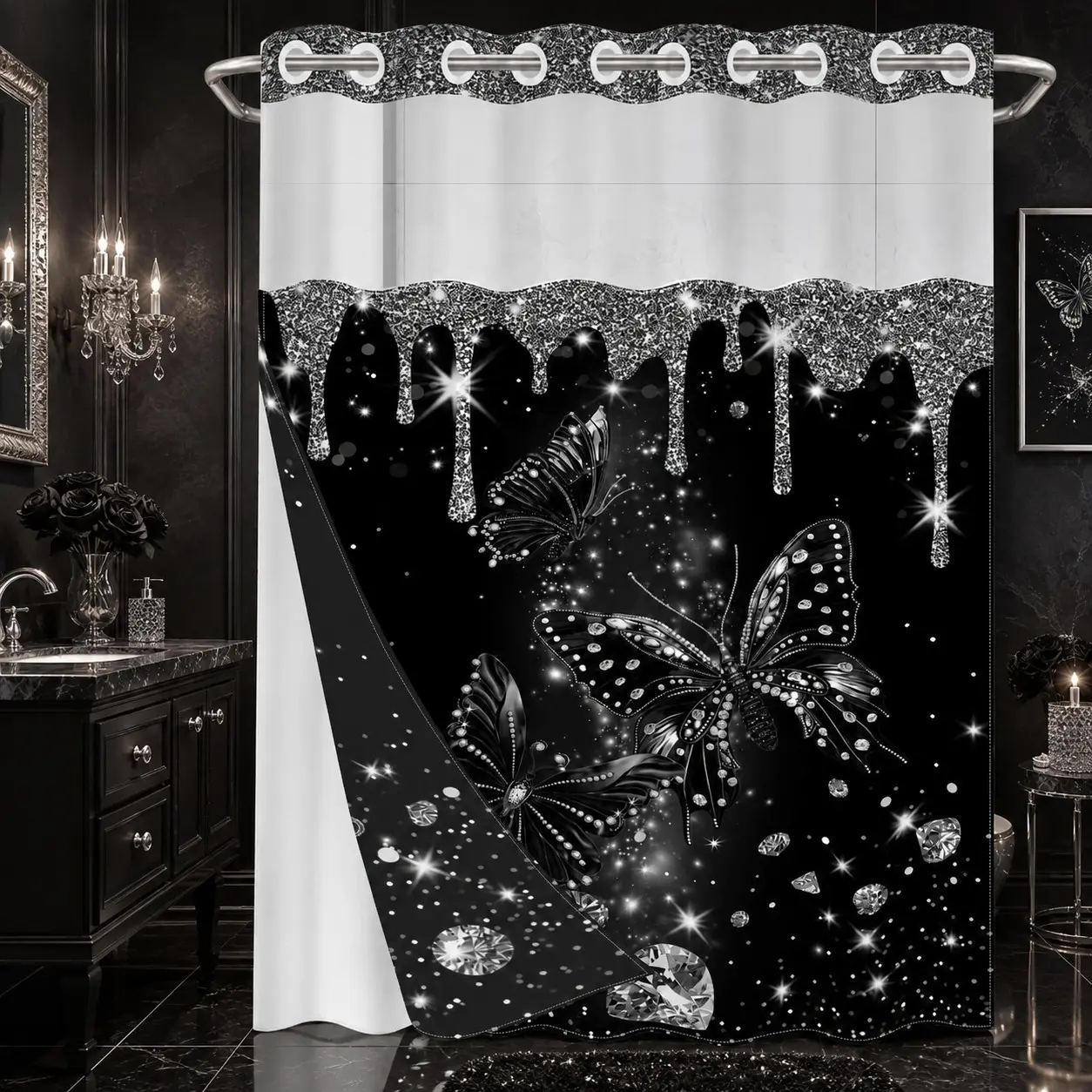 1PC 2D Flat Black Butterfly, Silver Glitter Drip & Diamond Pattern Double-Layer Woven Shower Curtain, No Hook Shower Curtain With Snap In Liner, No Hooks, Transparent Top Window, Removable Snap-On Liner, Bathroom Art Decor