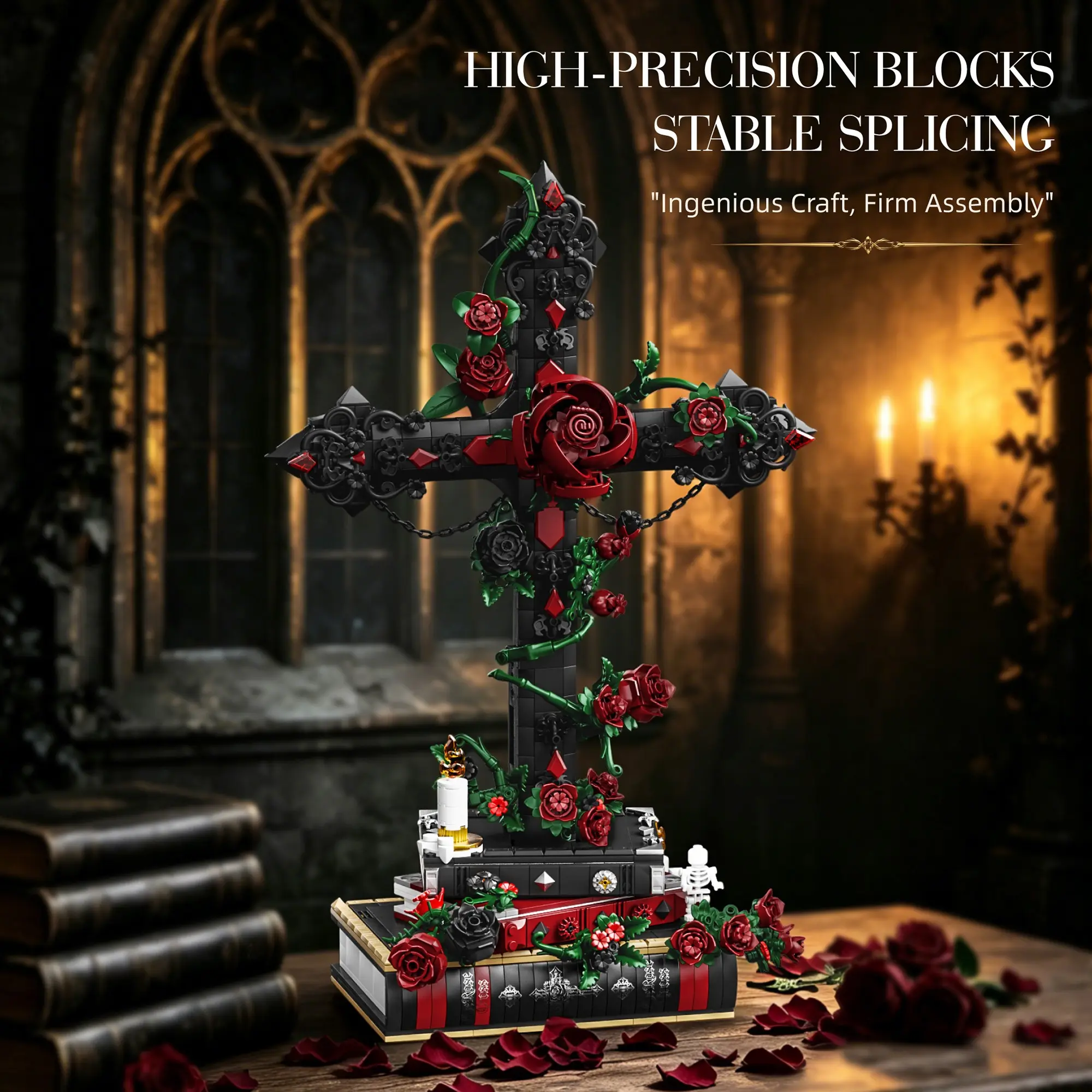 Vintage Gothic Cross Puzzle Set, Intricate Cross Frame, Stackable Book Base, Dark Art Desktop Decor, Adult Gothic Collectible Gift