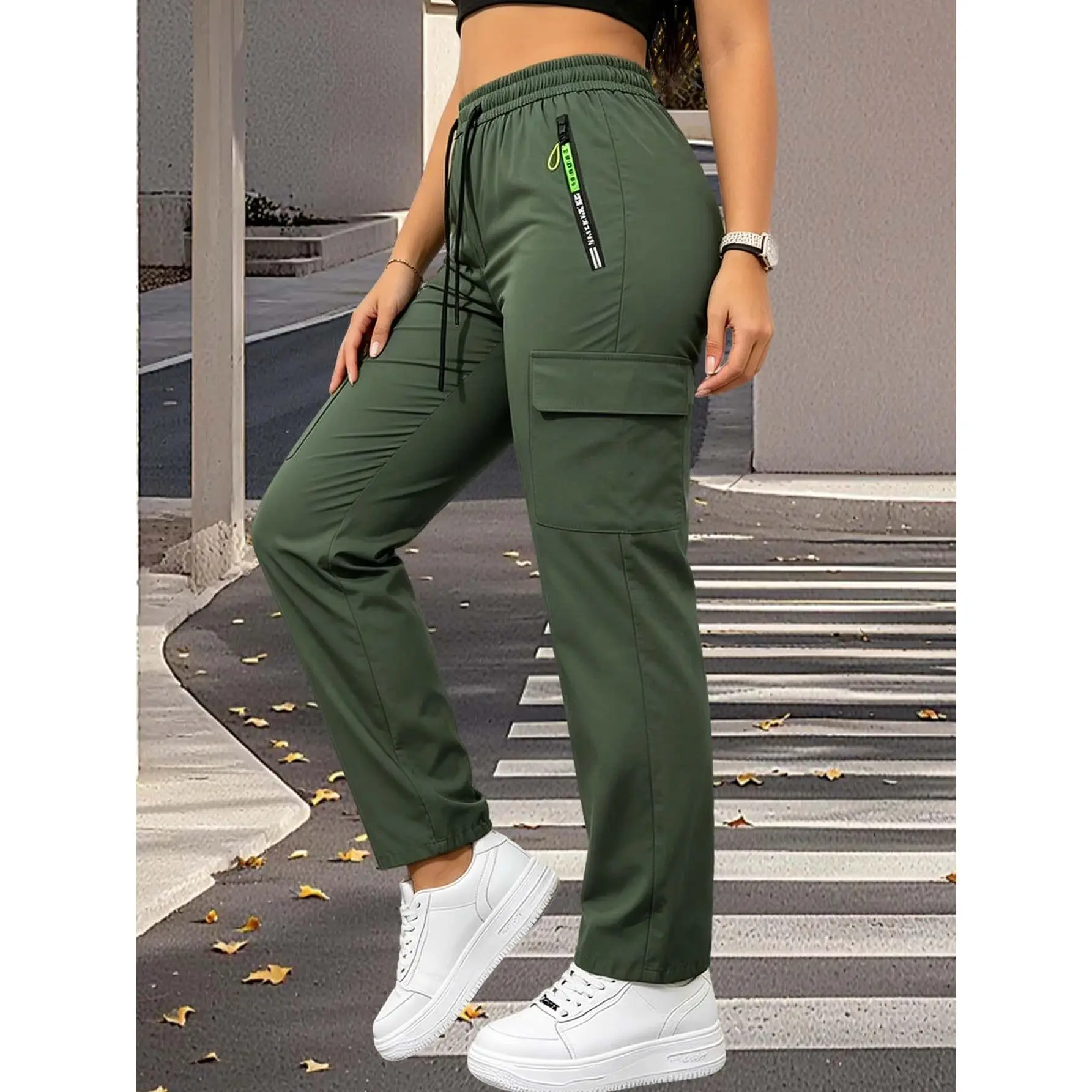 Plus Size Wide Leg Cargo Pants - Drawstring Elastic Waist, Cargo Pockets, Full-Length Casual Work Trousers for Office & Outdoor, Spring-Fall Women's Comfortable Fit