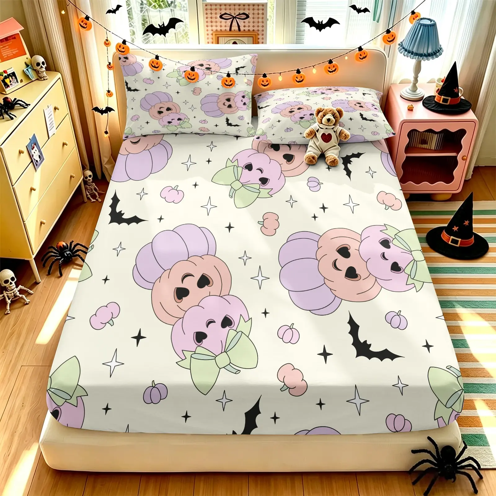 Halloween Cream‑white Sweet Macaron‑colored Face Pumpkin Bat Fitted Sheet Set, Include 1 Fitted Sheet & 2 Coreless Pillowcases, Soft Breathable Deep‑pocket Bedding; for People Who Love Cute Styles, Dorm & Home Decor,Holiday Gifts