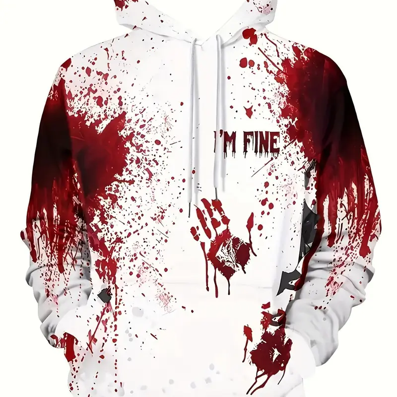 Men's Blood Splatter Hand I'm Fine Letter 3D Print Hoodie, Halloween Graphic Sweatshirt, Casual Sporty Streetwear, All Seasons
