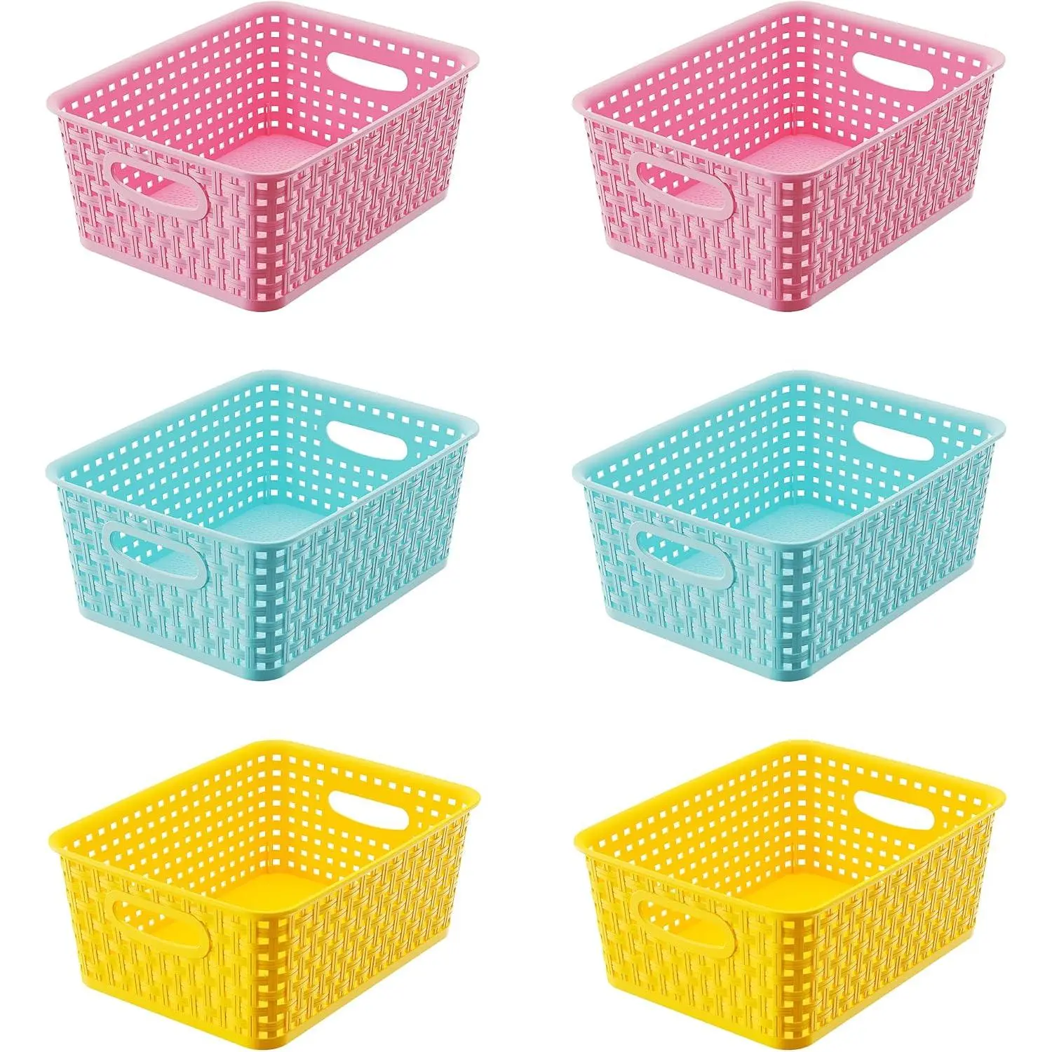 Colorful Small Plastic Storage Woven Baskets, 6 Pack Versatile Shelf Organizer Weave Baskets for Classrooms, 's Rooms & Pantries, /Yellow/Blue-10x7.5x4 inch
