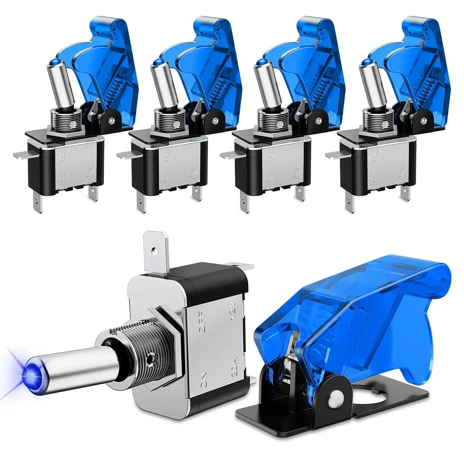 Nilight 5 Pcs 3-Pin SPST ON-Off Blue LED Toggle Rocker Switches, 20A, 3-Pin Blade Type Terminals, Copper Construction, Plug-and-Play Automotive Switches for Cars, Boats, 12V Motorized Vehicles, Accidental Start Prevention