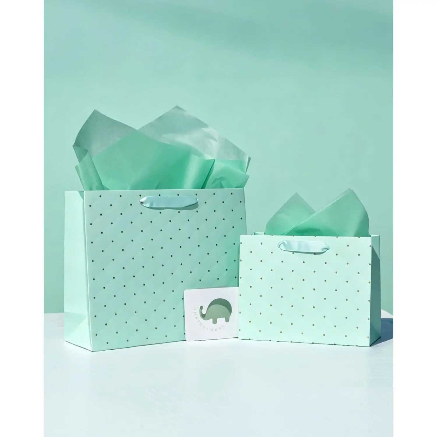 Luxury Quilted Embossed Green Gift Bags Set with Tissue Paper & Cards, Dual Sizes (Large & Medium) 2-Pack, Sturdy Handles, Clean Look, Chic/Durable/Premium Packaging Gifts & Wrapping for Birthday, Wedding