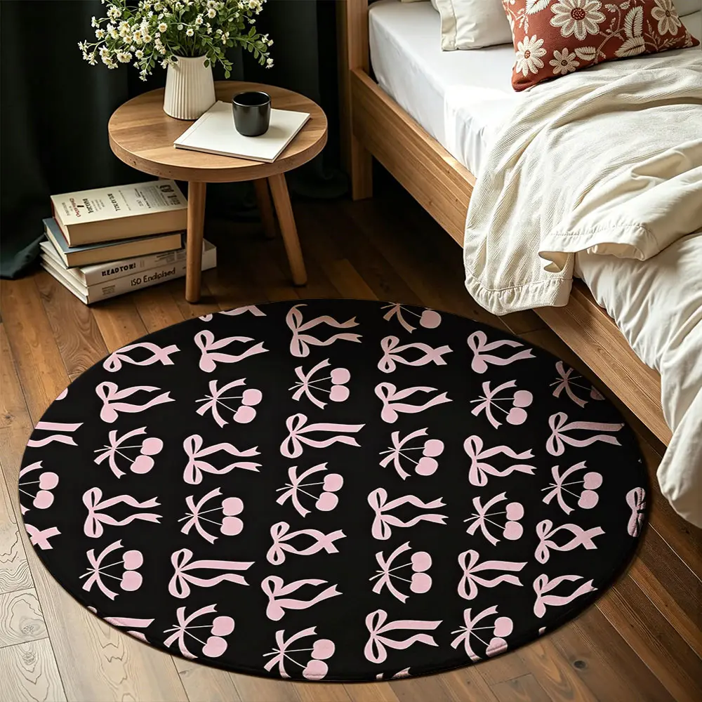 Pink Bow Round Rug, Fluffy Printed Short Pile Carpet, Non-Slip Floor Mat for Entryway Living Room Bedroom
