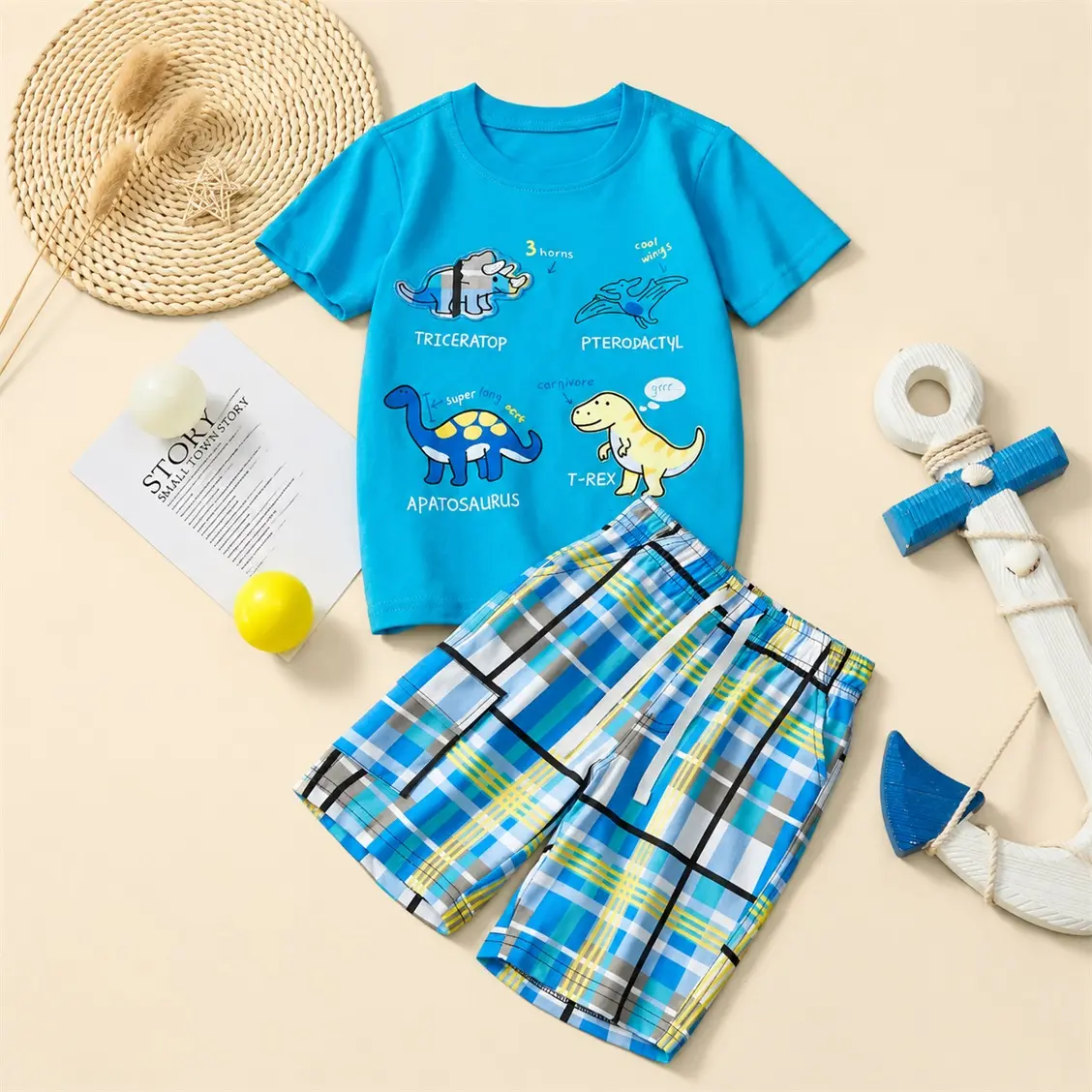 Please Check The Size Chart Before Ordering. Kids’ Summer Outfit Set Featuring a Blue Dinosaur Print T-Shirt and Blue Plaid Shorts, Lightweight, Soft and Comfortable Casual Set for Everyday Wear.