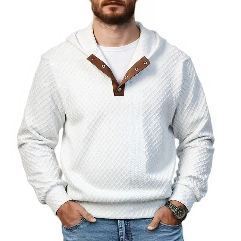 Men's Casual Polyester Diamond-Patterned Jacquard Weave Sweatshirt - Contrasting Snap-Button Front Placket, Foldable Drawstring Hood, Loose-Fit Medium Length Longsleeves, Machine Wash, Spring/Autumn Daily Commuting & Urban Wear Menswear Top