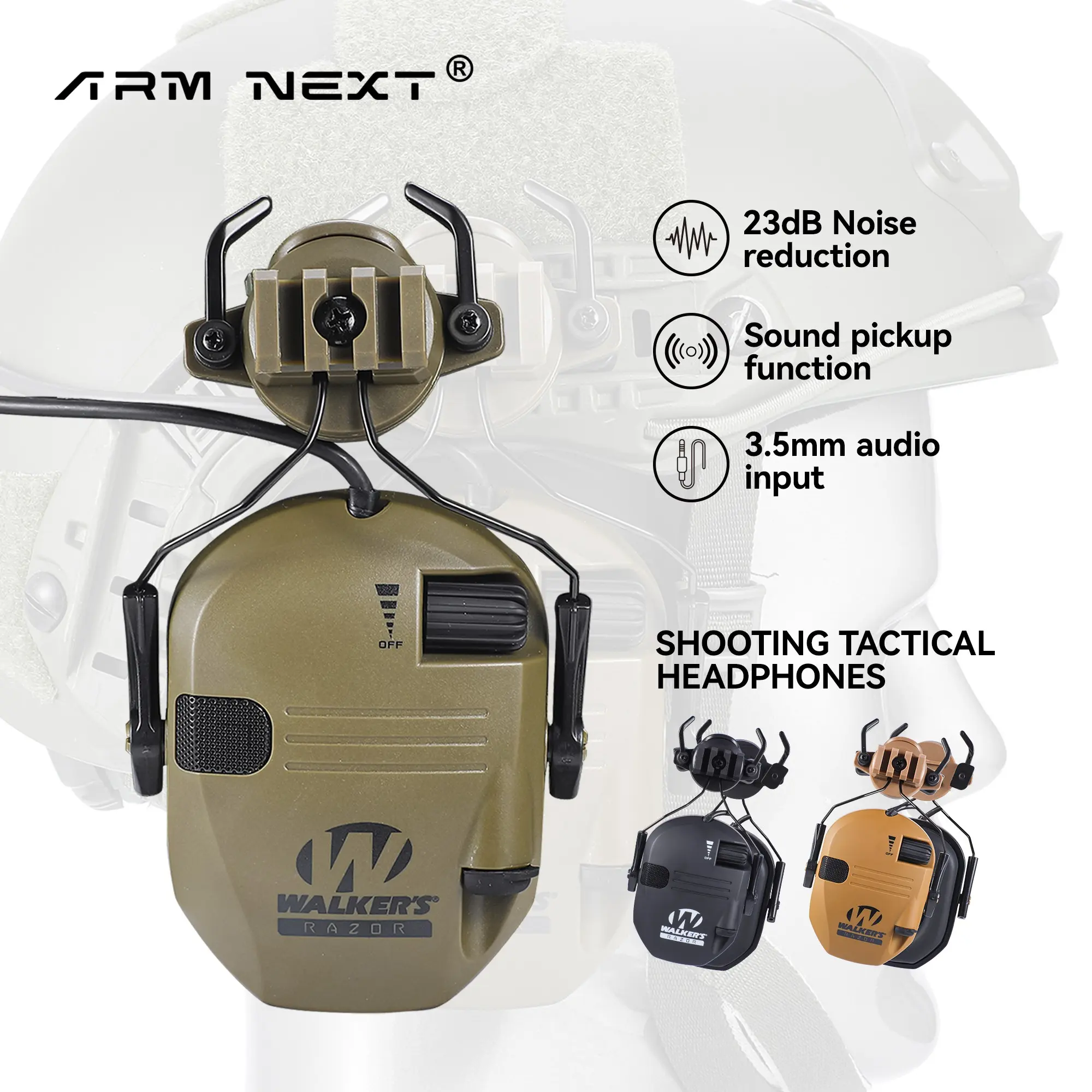 Helmet-Mounted Electronic Tactical Earmuffs NRR23dB, Sound Pickup Function Hearing Protection, 3.5mm Audio Port for Shooting Training & Outdoor Activities