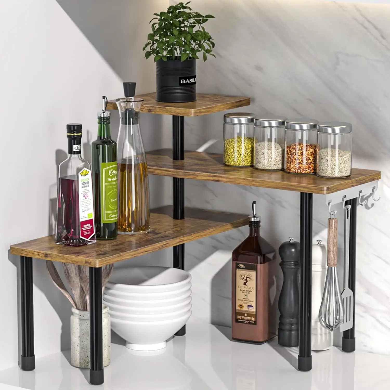Rustic Brown Wooden 3-Tier Adjustable Hook Corner Shelf with Aluminium-Stainless Steel Build, 7.4"d x 26.75"w x 15.2"h, Durable Organizer for Small Space, Rustic Decor, Kitchen/Dining Room Storage