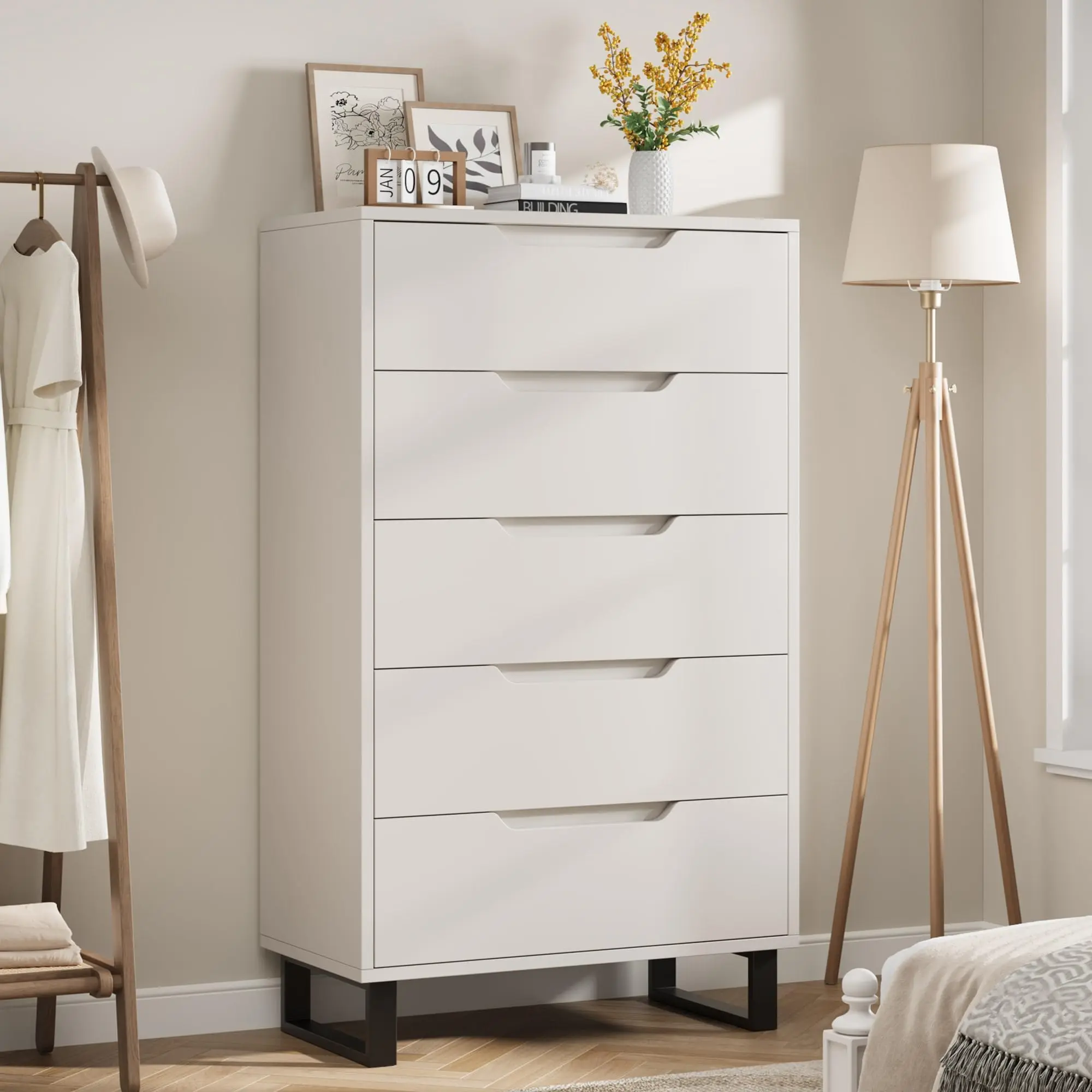 Modern 5-Drawer Wooden Dresser for Bedroom – Tall Freestanding Storage Chest, Spacious Deep Drawers, Adjustable Feet, Waterproof MDF Top, Ideal for Living Room, Hallway, Entryway