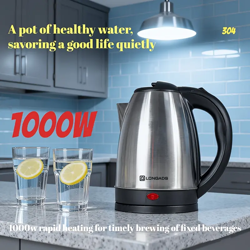 Stainless Steel Electric Water Kettle, 67.63oz Large Volume for Family Users, Seamless Look, Odor-Free Safe, Quick Boil, No Refills Needed for Kitchen Use