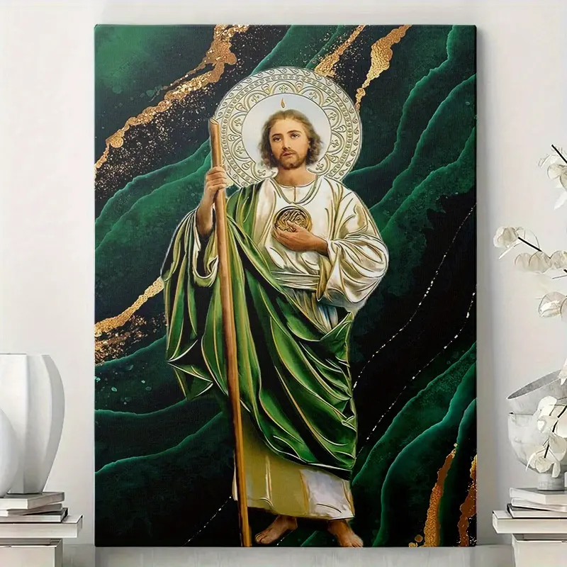 2D flat paintings, St. Jude Apostle canvas wall art - unframed/framed Religious Decorations posters, 12X16 inches, in green and gold, featuring intricate clothing designs and serene expressions, suitable for Catholic churches or Home Spiritual Decor
