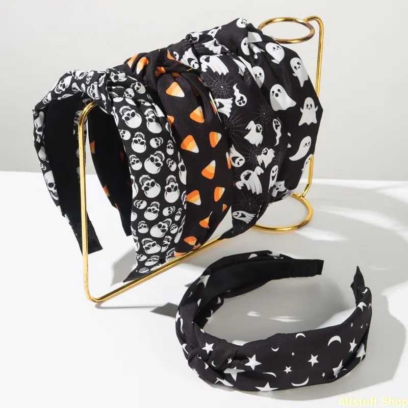 Trendy Fabric Hairband with Halloween Skull & Stars Pattern, Festive Top Knot Accessory for Parties & Festivals, Halloween Party, Fabric Band, Festive Look