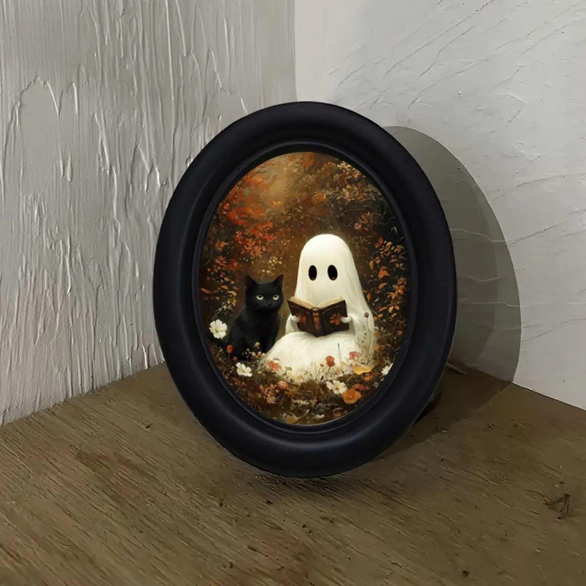 Vintage Halloween Wall Art, Cat Reading Ghost Design, Decorative Oval Photo Frame, Perfect for Home Office Decor, Ideal for Halloween Christmas Thanksgiving