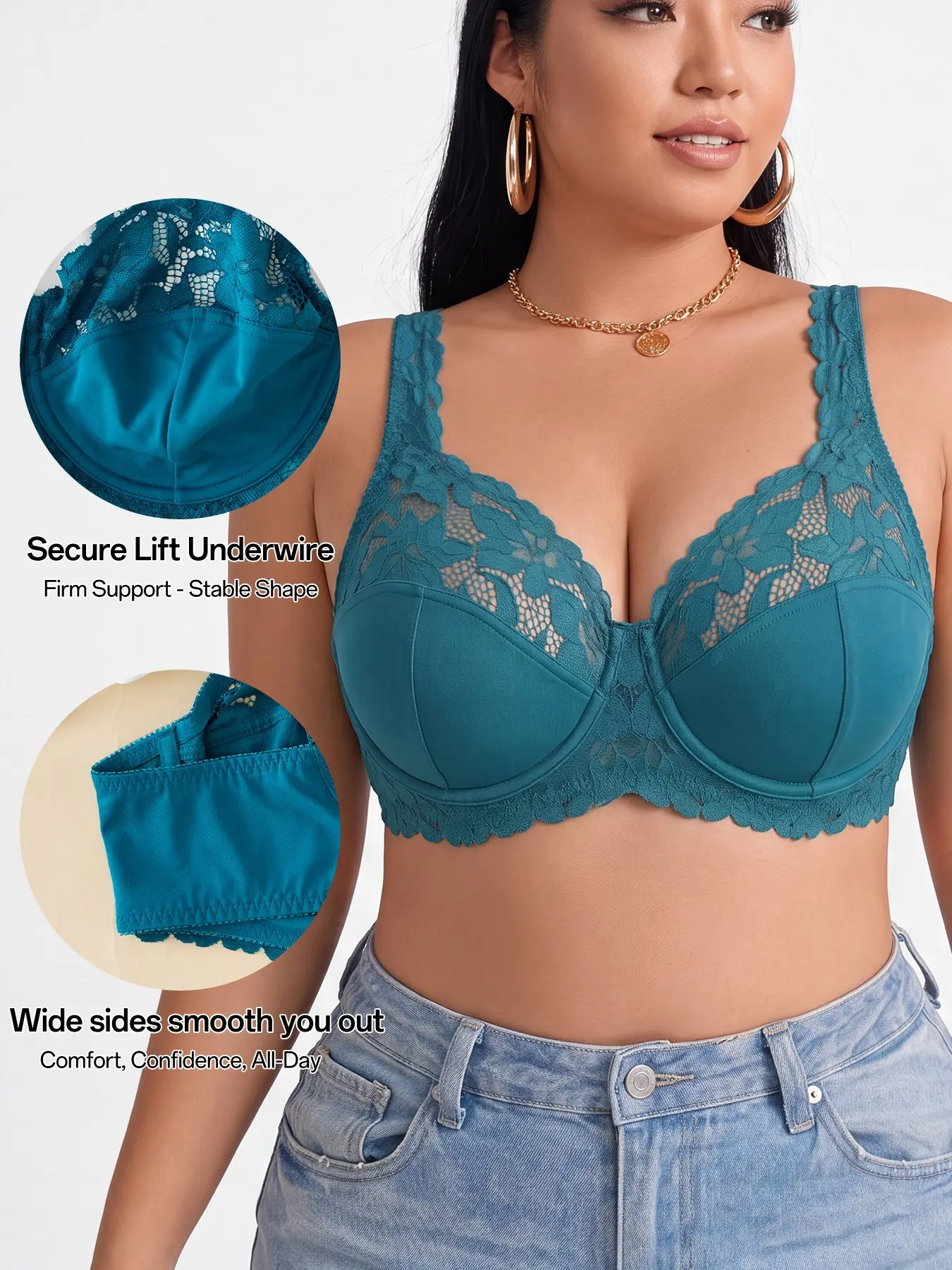 Women's Plus Size Lace Underwire Bra, Full Coverage, Medium Support, Breathable, No Pads, Perfect for Daily Wear, Elegant Style