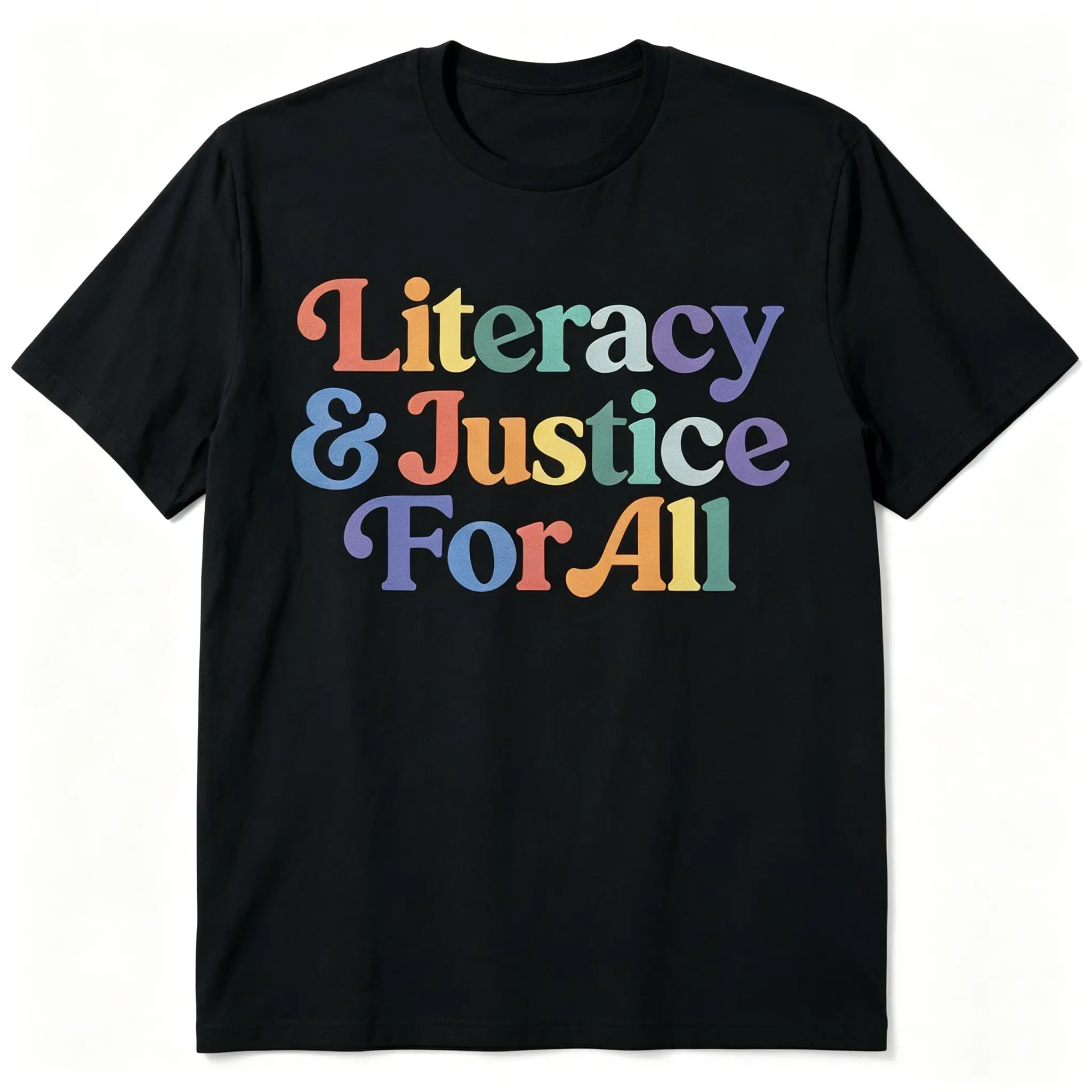 Unisex Oversized Loose Minimalist Simple Sleeves Sports Top, Retro Rainbow Letter Graphic "Literacy & Justice For All" Reading Advocate Teacher Appreciation Educator Gift, Original, Everyday, Print, Basic, Round Neck, Short, Streetwear, Style, Casual, Rai