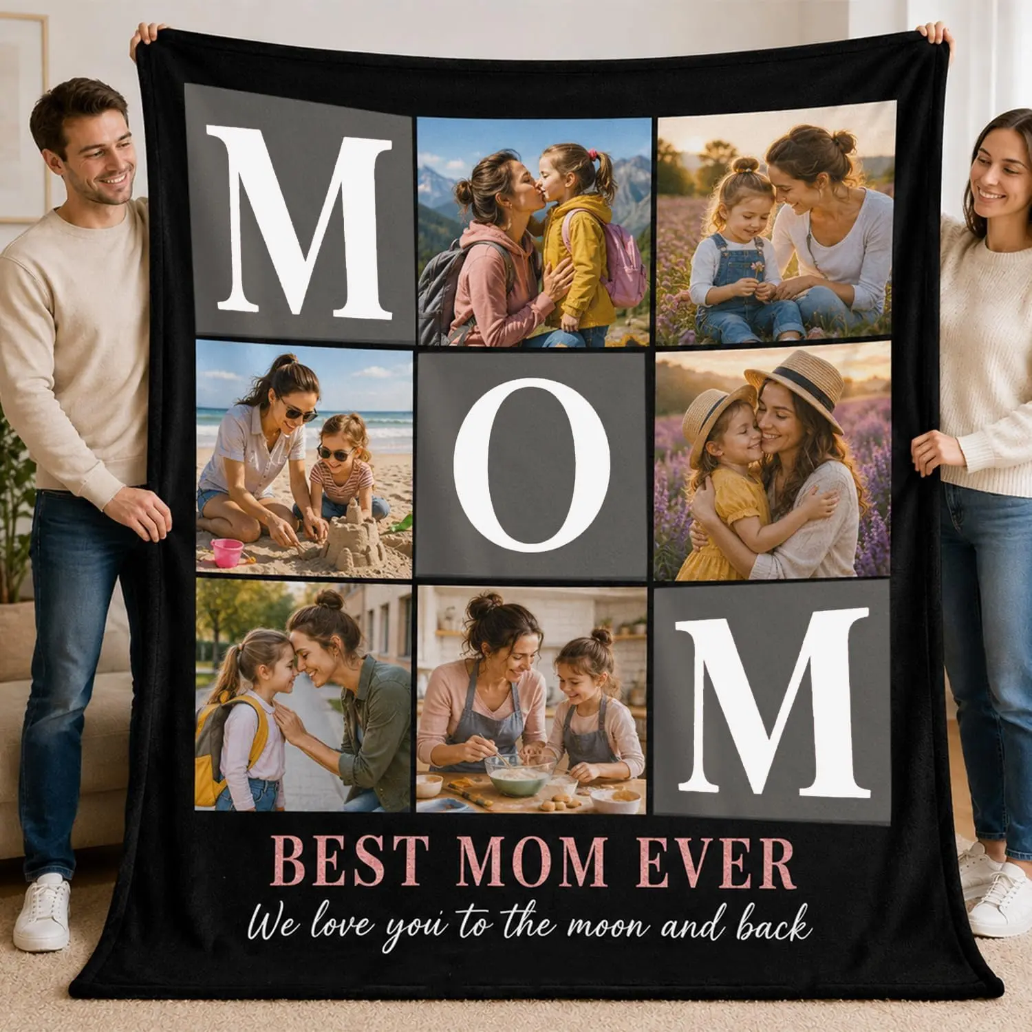 Custom Mom Photo Flannel Throw Blanket, Black 3x3 Collage Blanket with Large "MOM" Letter Design, Soft Cozy Warm Blanket for Mother’s Day, Birthday, Family Memory & Gift for Mom