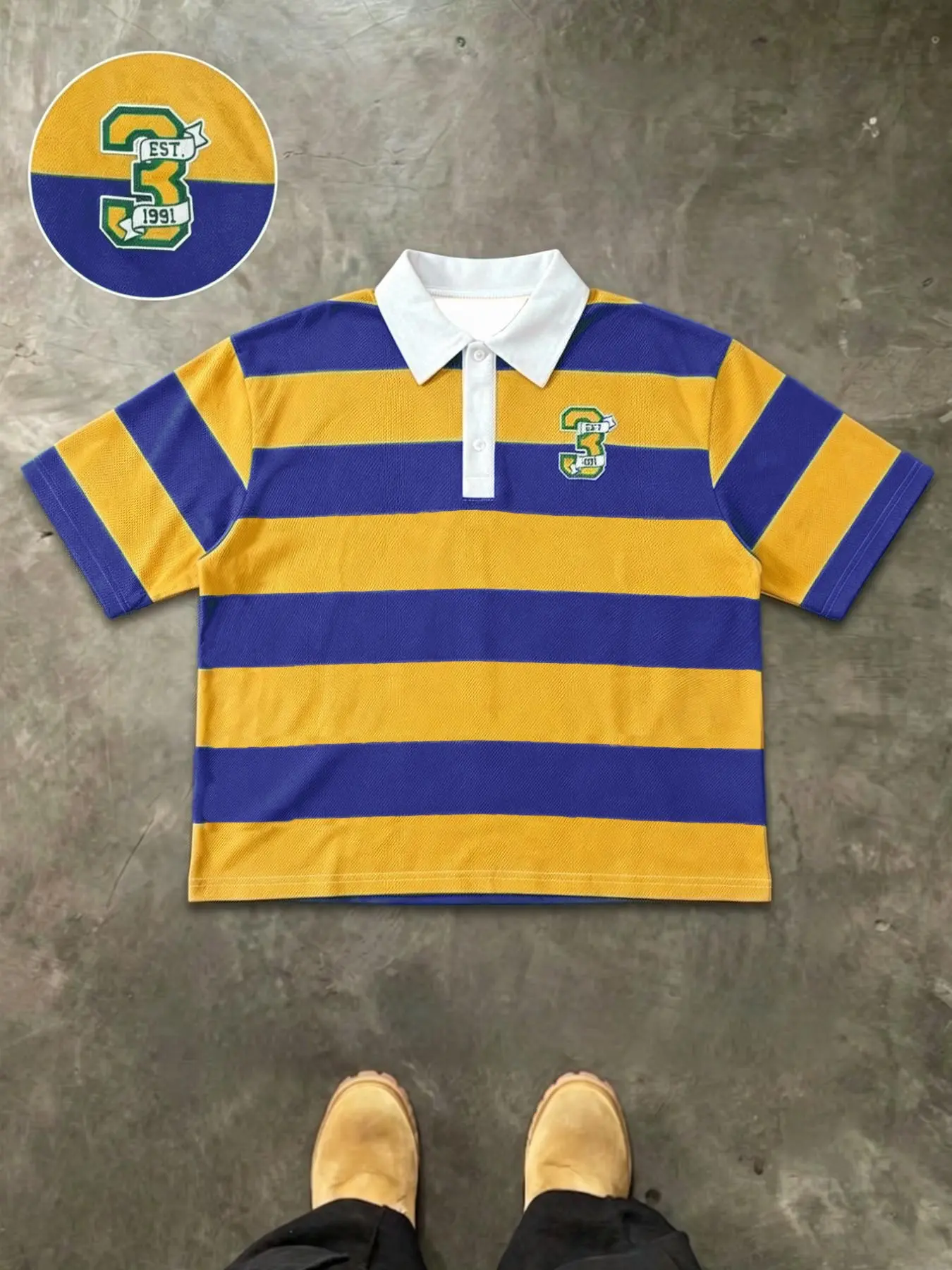 Men's Retro Colorblock Striped Number Short Sleeve Polo, American College Style Loose Collar Top, Casual Fashion Men's Clothing