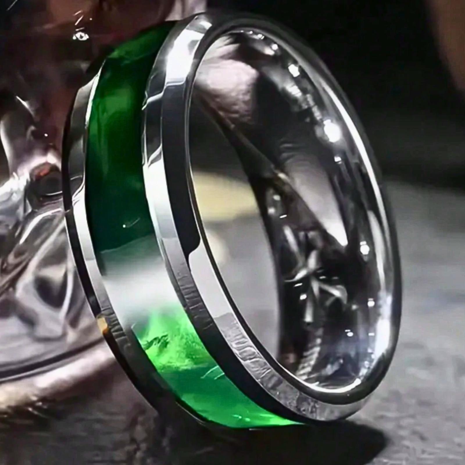 Elegant 8mm Stainless Steel Tungsten Ring with Green Inlay - Fashionable silver bezel design, perfect for weddings and everyday wear, ideal as a gift for Valentine's Day, Christmas, Father's Day, wedding ring