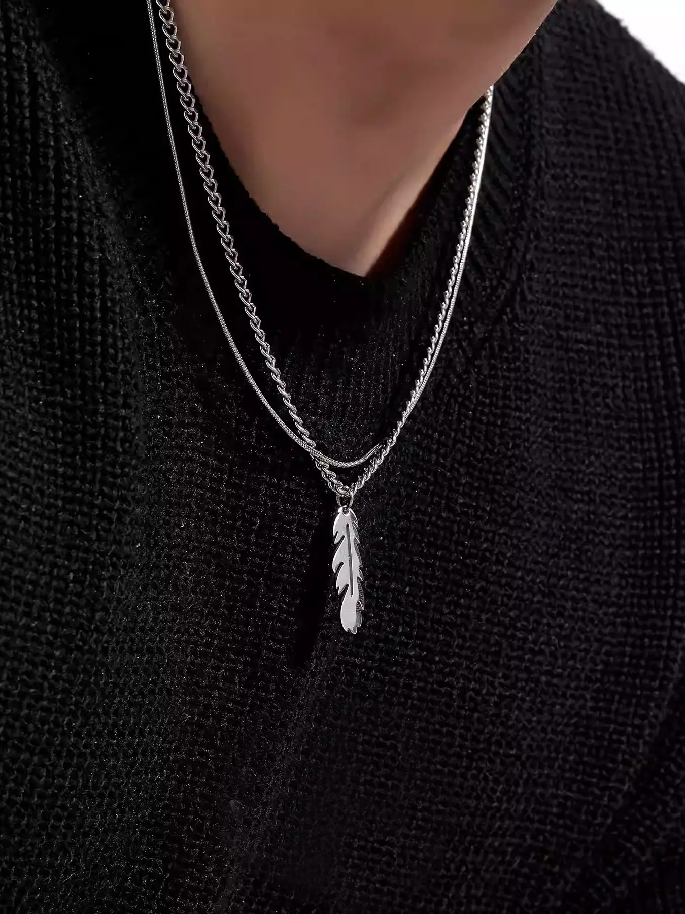 Men's Stainless Steel Layered Clavicle Chain Necklace Set, Unique Design Hip Hop Feather Pendant Cuban Link Necklaces, Chunky Chain Jewelry, Casual Style Necklaces
